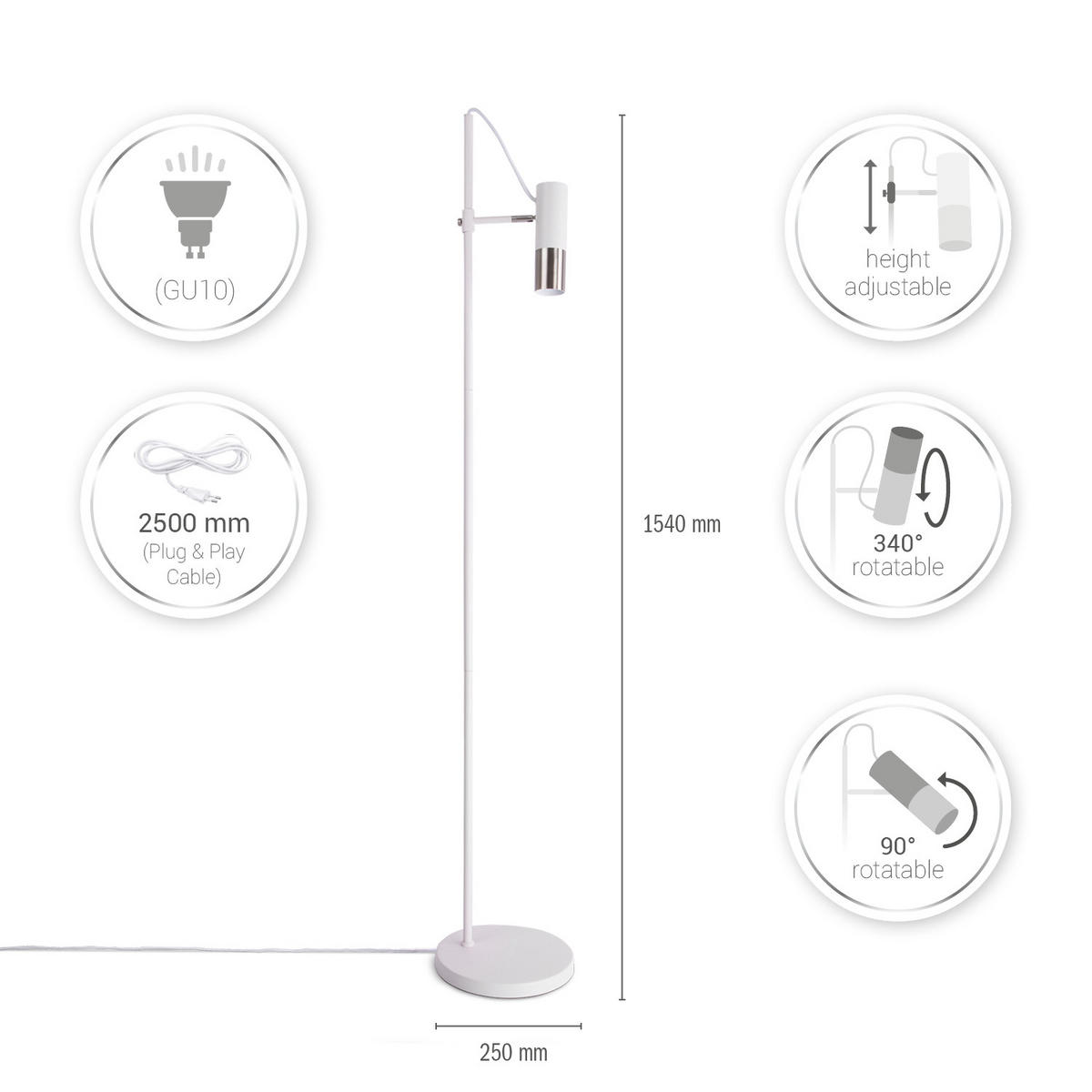 STEHLEUCHTE Fuoca - Weiß, Metall (25/25/154cm) - Paco Home