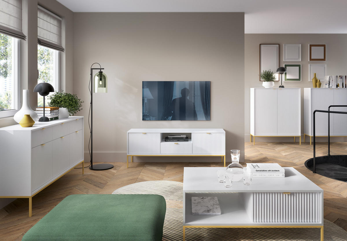 SIDEBOARD Eternas 3T 3S Weiß 154/83/39 cm – goldene Füße, mit geriffelten Fronten - Goldfarben/Weiß, Holzwerkstoff (154/83/39cm) - AX Living