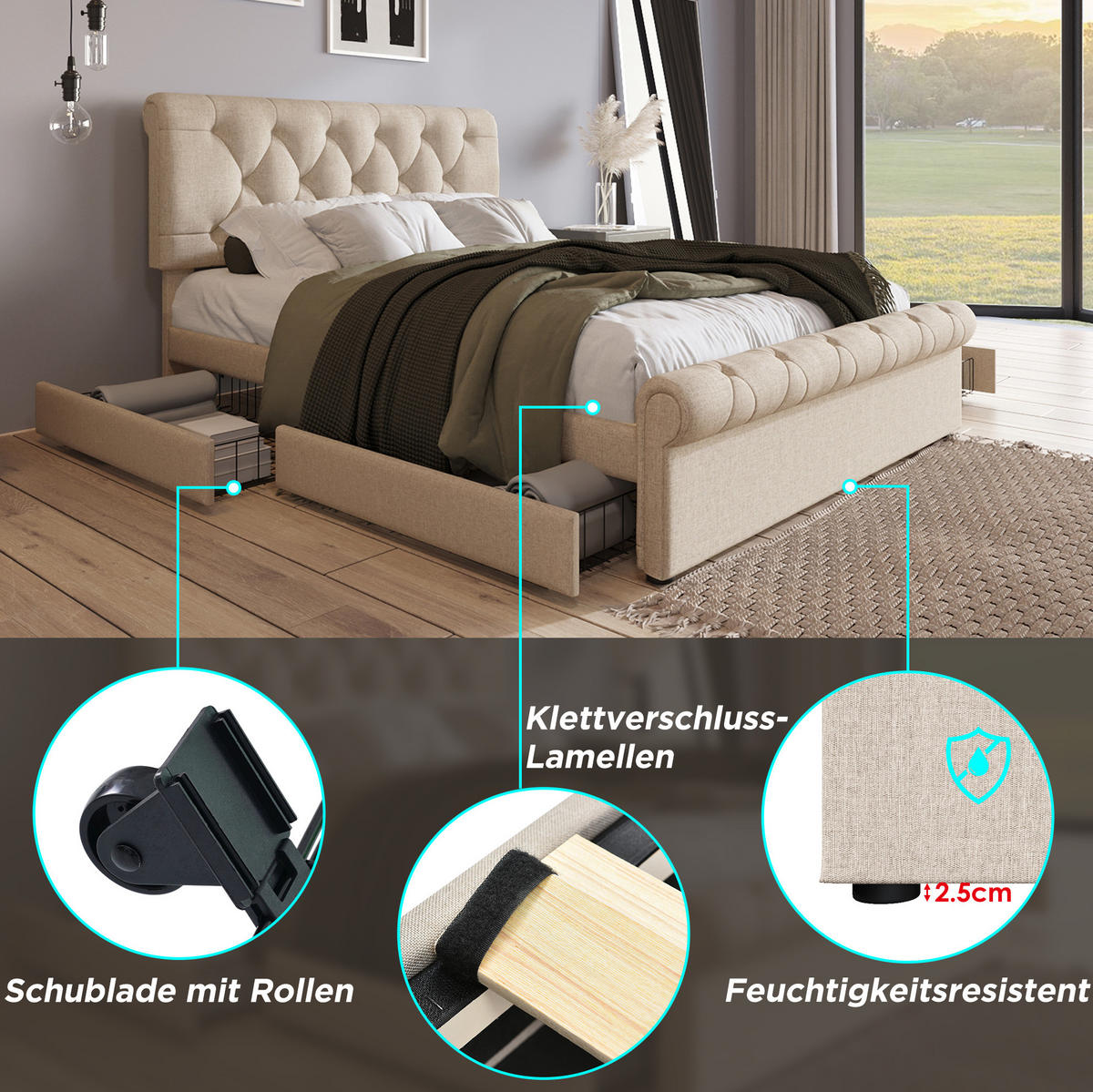 POLSTERBETT 140/200 cm Natur aus Massivholz, Leinen und Metall mit 4 Schubladen - Naturfarben, Metall (140/200cm) - OKMYHOME