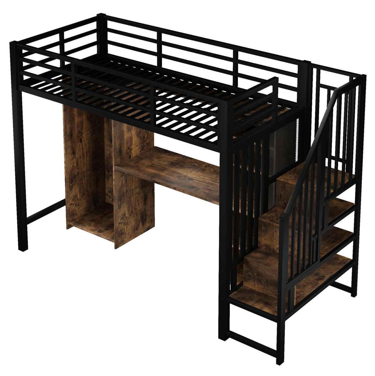 HOCHBETT 90/200 cm, Schwarz mit Kleiderschrank, Schreibtisch und Stauraum - Schwarz, Metall (90/200cm) - MIVRAY