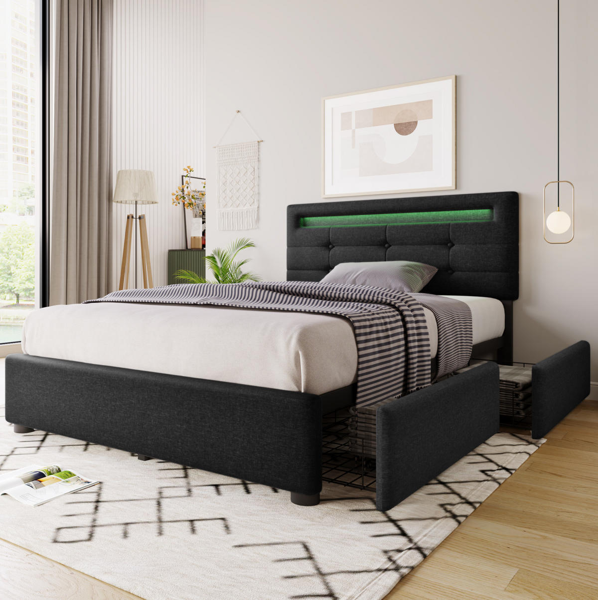 POLSTERBETT 90/200 cm mit Matratze LED-Beleuchtung, 2 Schubladen, verstellbarem Kopfteil, Schwarz - Schwarz, Textil (90/90cm) - Redom