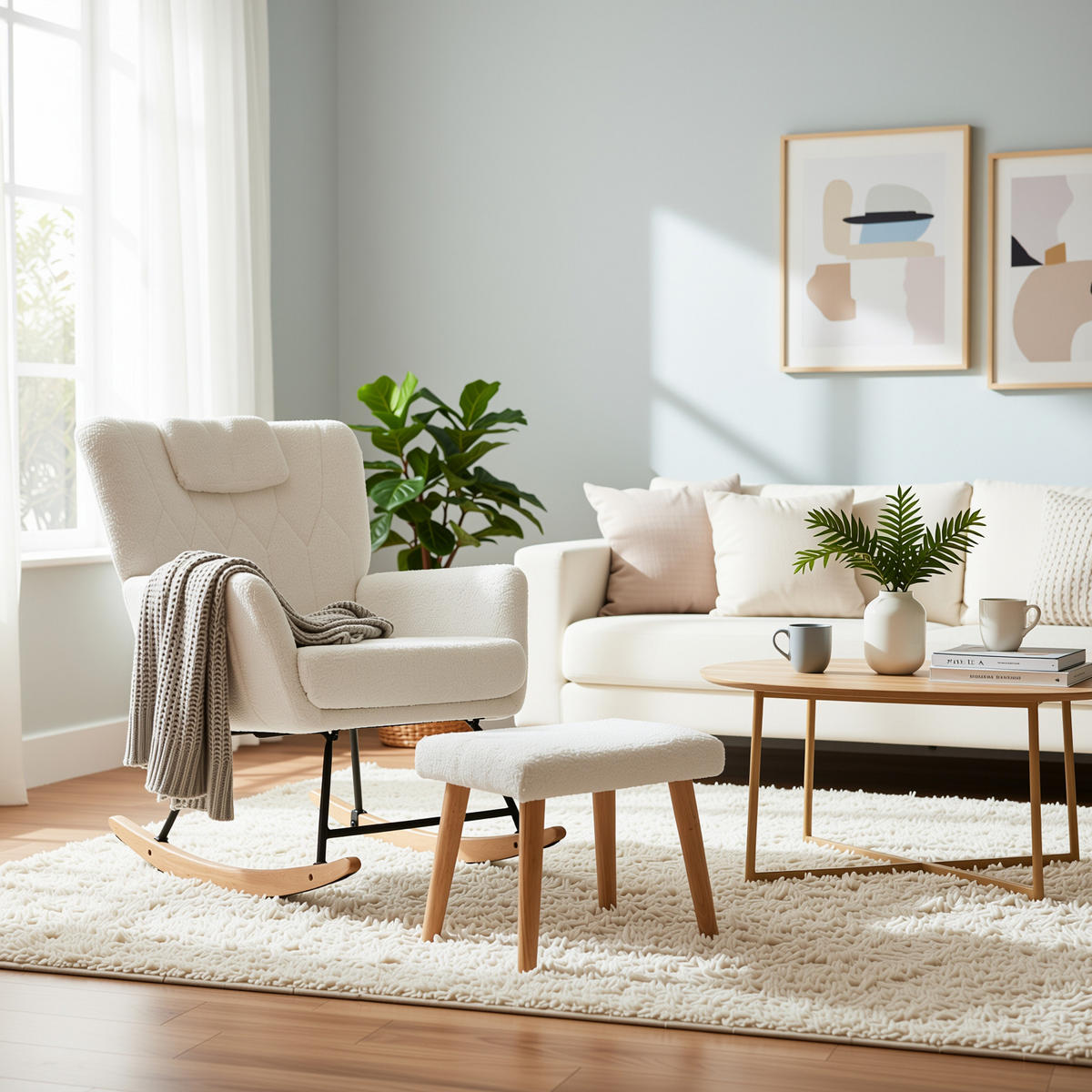 SCHAUKELSTUHL Weiß Teddy mit Fußhocker & Holzrahmen 30° Schaukelfunktion - Beige/Sonoma Eiche, Holzwerkstoff/Buchenholz (65/87/88cm) - Urban Meuble