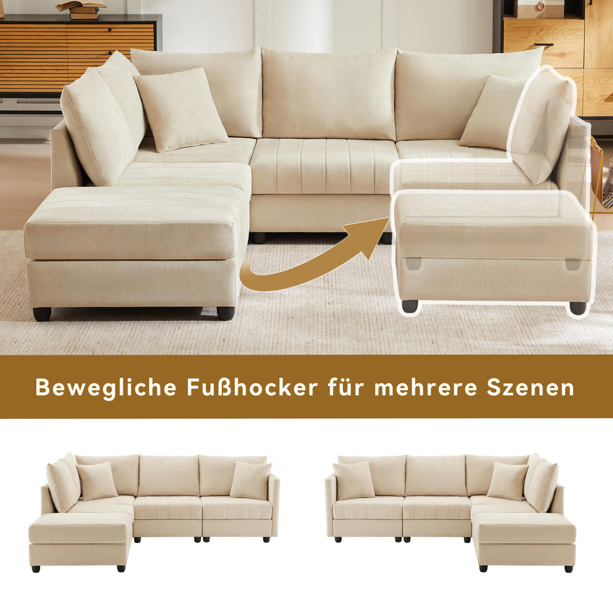 ECKSOFA 220/194/85 cm mit beweglichem Fußhocker, modularer U- und L-Form, aus Baumwoll-Leinenstoff, Beige - Beige, Textil (220/194cm) - Redom