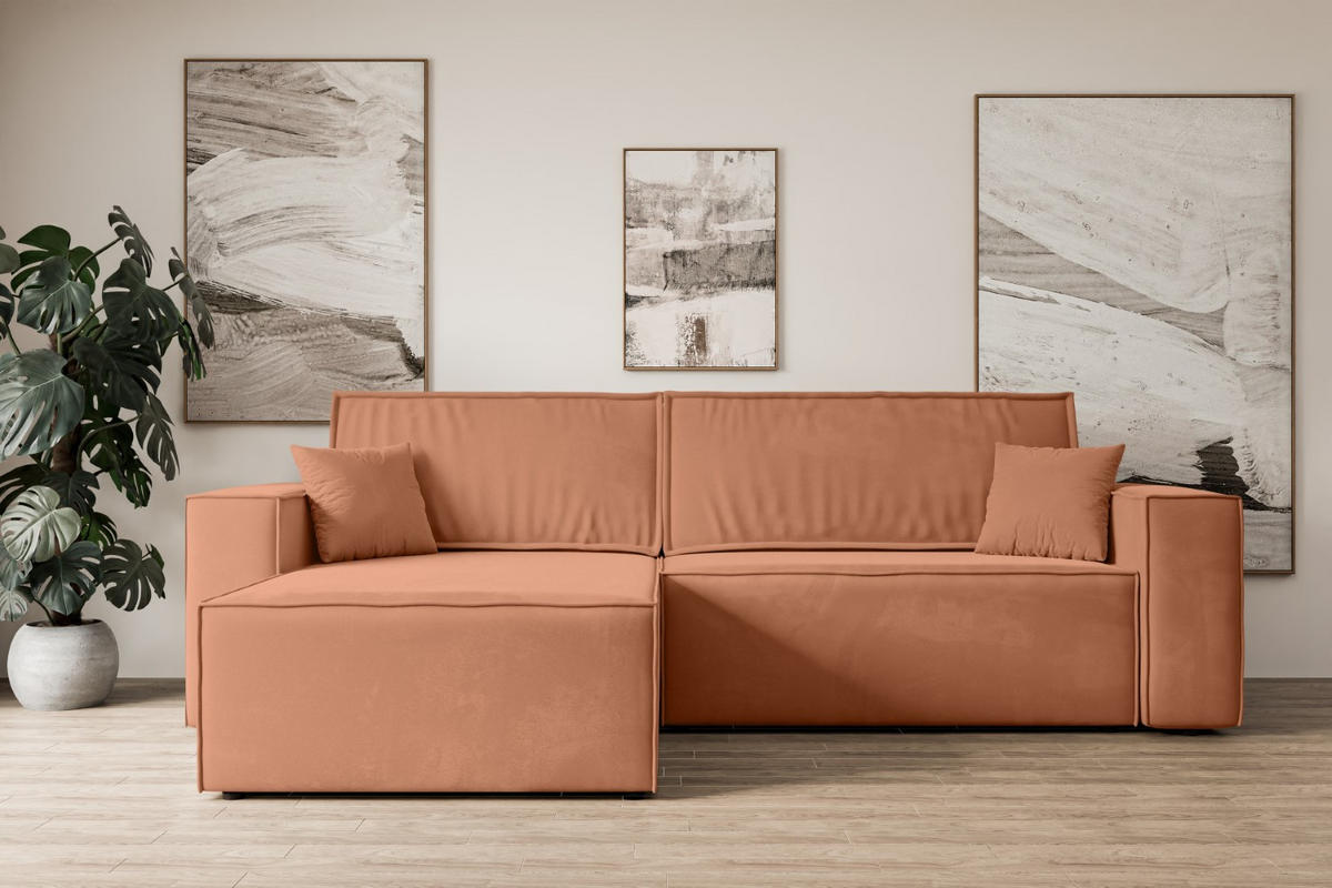 ECKSOFA mit Schlaffunktion und Bettkasten CELTIC-XL - 277x143x83 cm Koralle Velours - Koralle/Schwarz, Holzwerkstoff/Kunststoff (277/143cm) - ALTDECOR