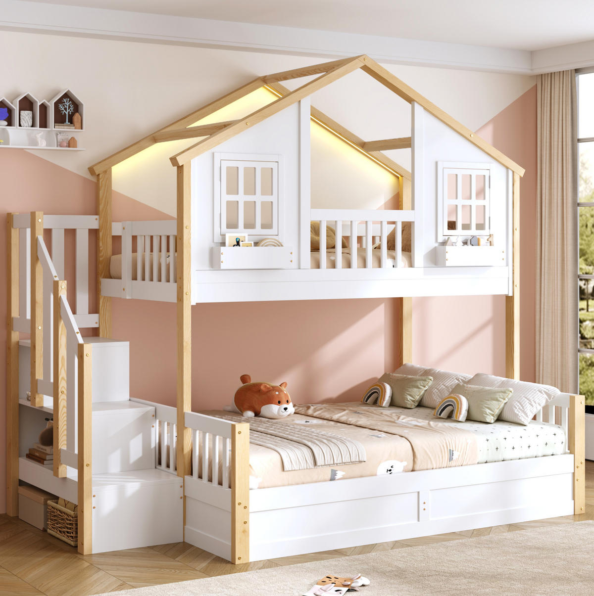 ETAGENBETT 90x200/140x200 cm in Weiß mit Stauraumtreppe, LED und hydraulischem Bettkasten - Weiß, Holz (90/200cm) - IVMEU