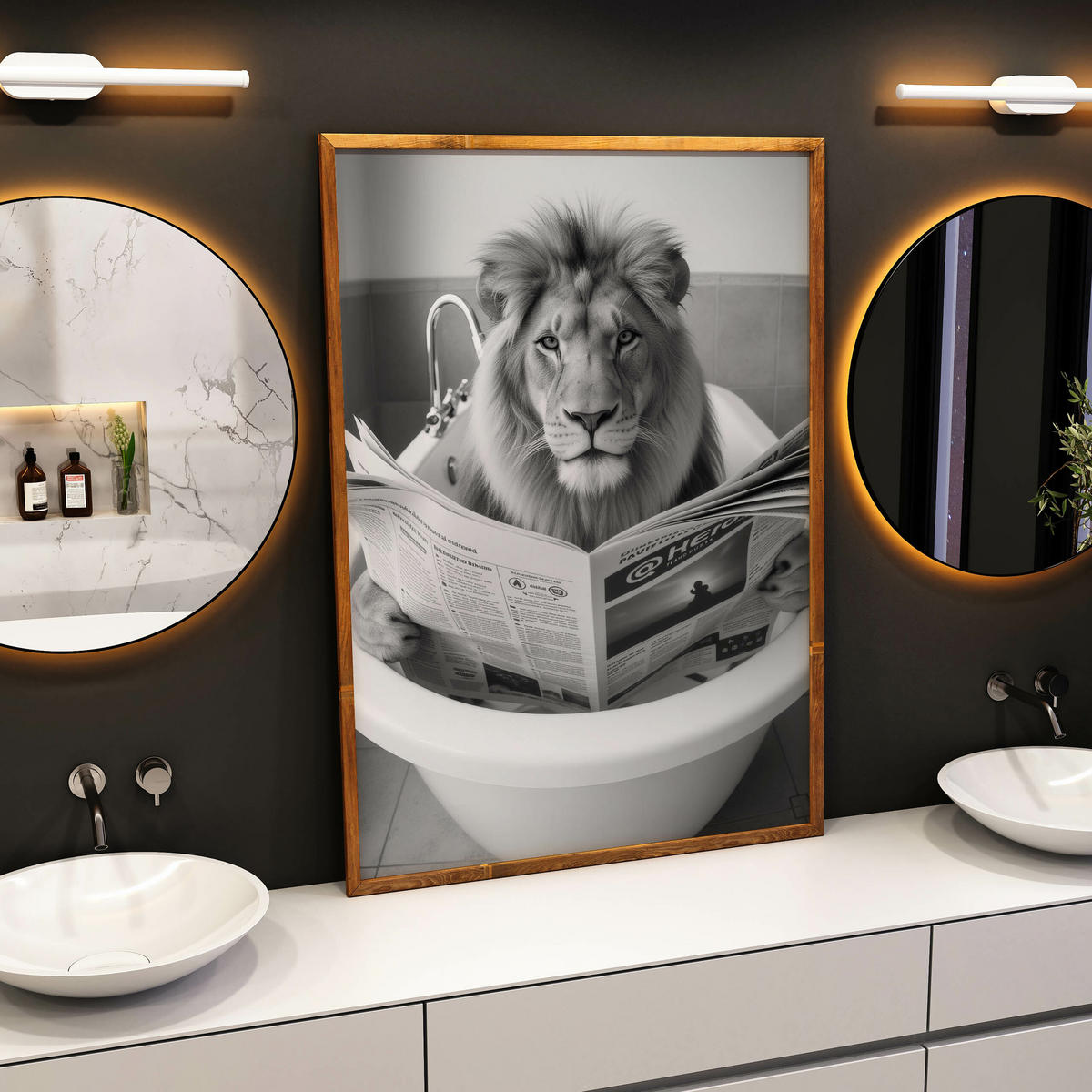 POSTER für WC Badezimmer LÖWE in der Badewanne Schwarz-Weiß Abstraktion 30x40cm - Schwarz/Weiß, Papier (30/40/40cm) - Muralo