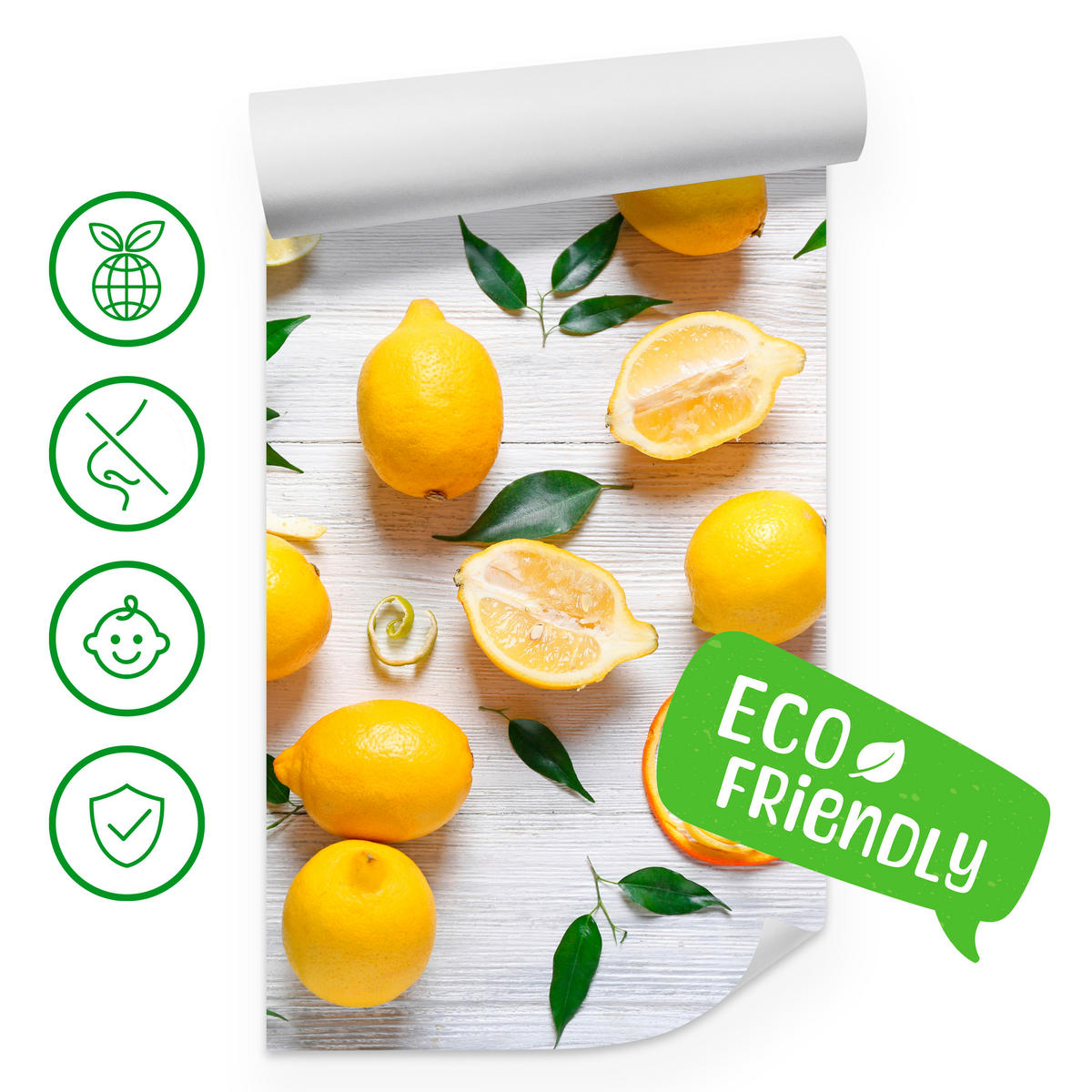 FOTOTAPETE für Küche Zitronen Holztisch Blätter Frisch Rustikal 300x210 - Gelb/Weiß, Papier (300/210cm) - Muralo