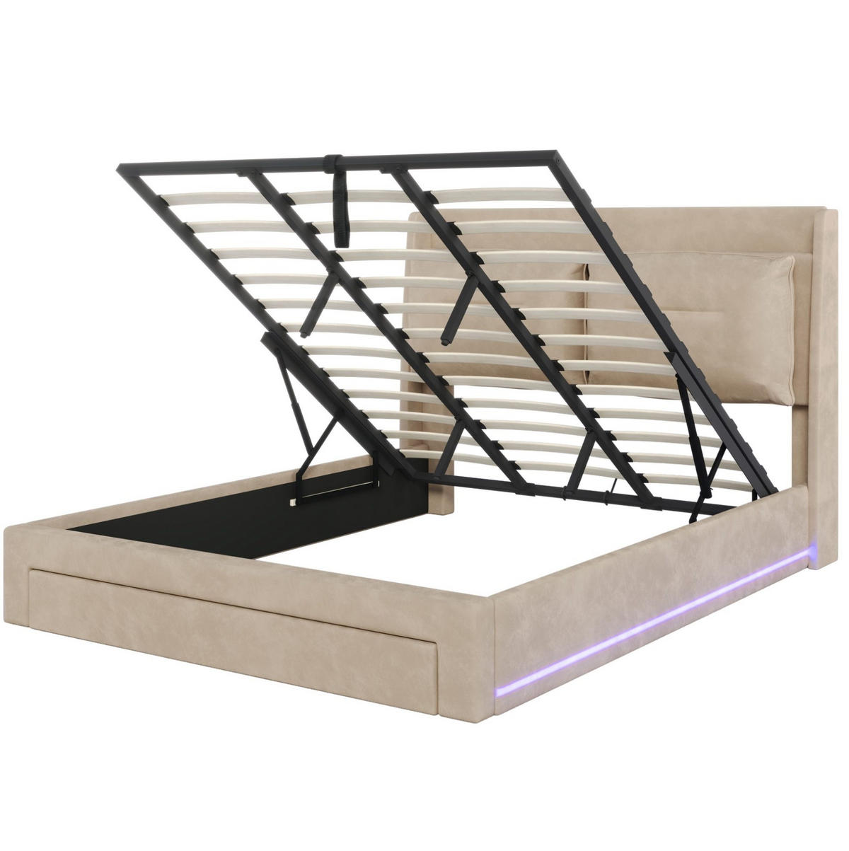 POLSTERBETT 180/200 cm Beige mit hydraulischem Bettkasten und LED-Beleuchtung - Beige, Textil (180/200cm) - OKWISH