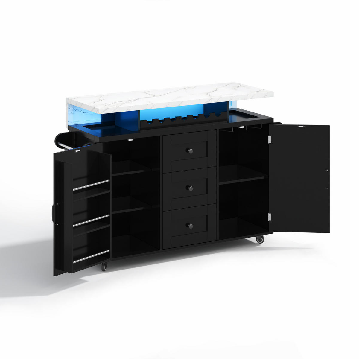 KÜCHENINSEL 138/60/93 cm mit klappbarer Arbeitsplatte, LED-Beleuchtung und Rollen, MDF, Schwarz - Schwarz, Holzwerkstoff (138/93/60cm) - Redom