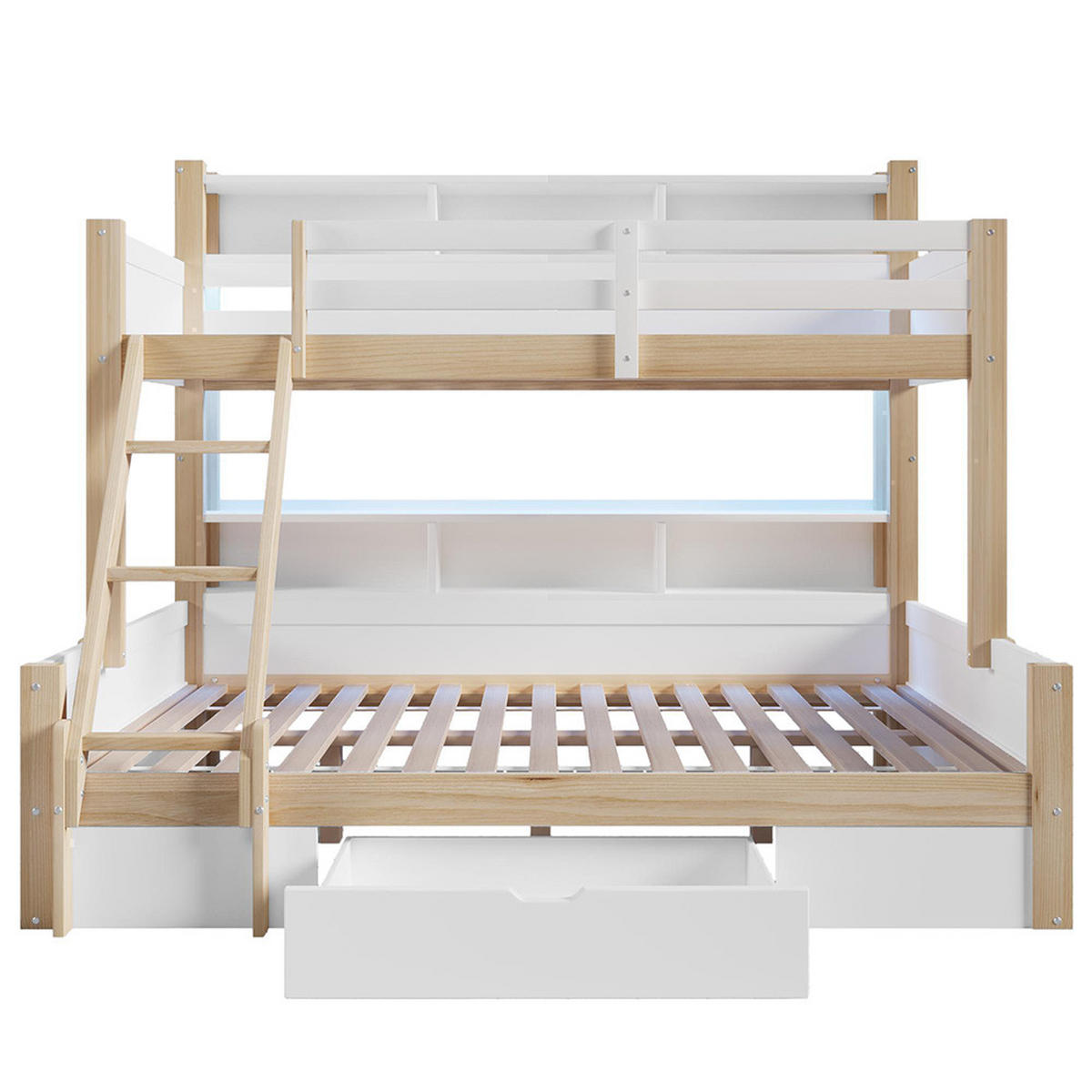 KAT KREVET 90x200cm + 140x200cm, položaj ljestava po izboru, bijeli + prirodni - bijela, drvo (90/200cm) - KOMHTOM