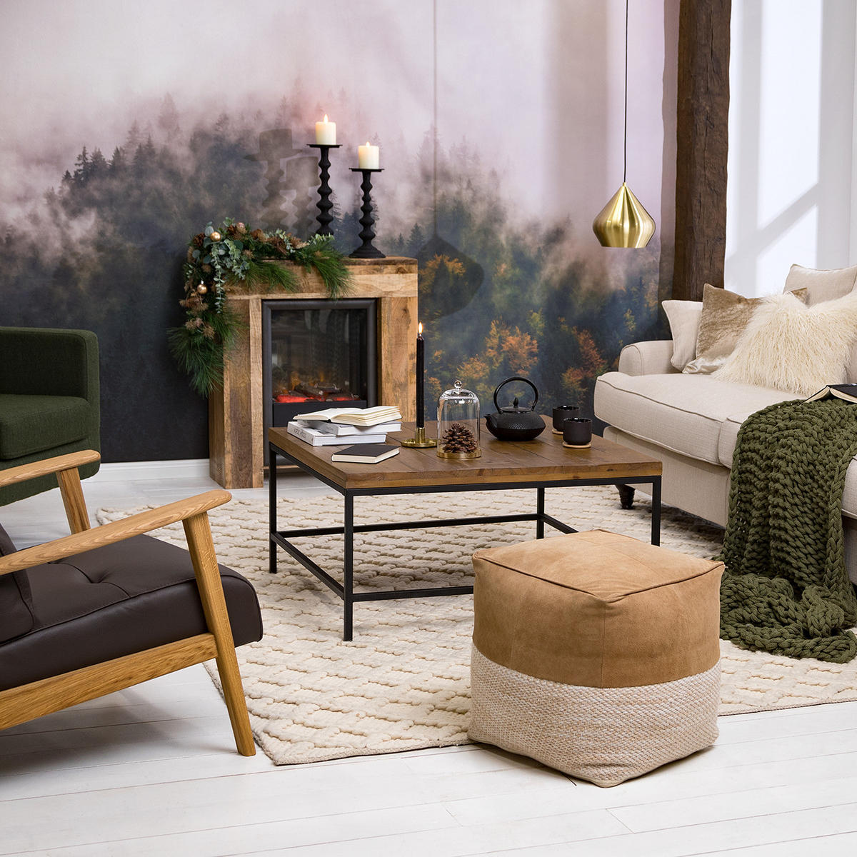 COUCHTISCH - Massivholz - Schwarz/Pinienfarben, Holz (90/90/45cm) - home24