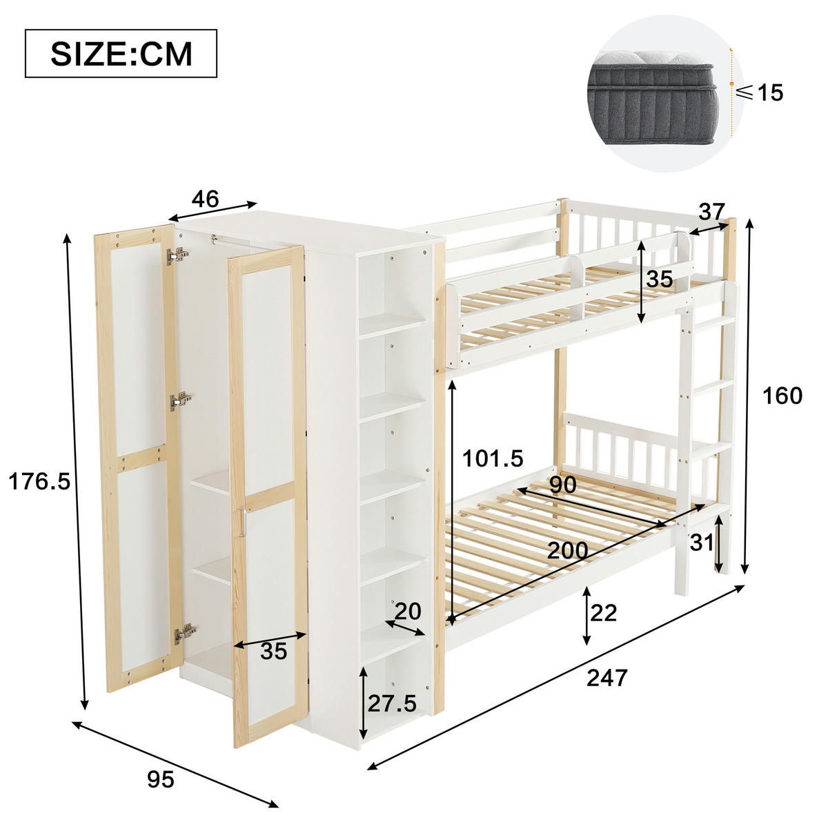 ETAGENBETT 90/200 cm in Weiß/Natur mit Kleiderschrank und 6 Regalen - Weiß, Holzwerkstoff (90/200cm) - Flora Grace