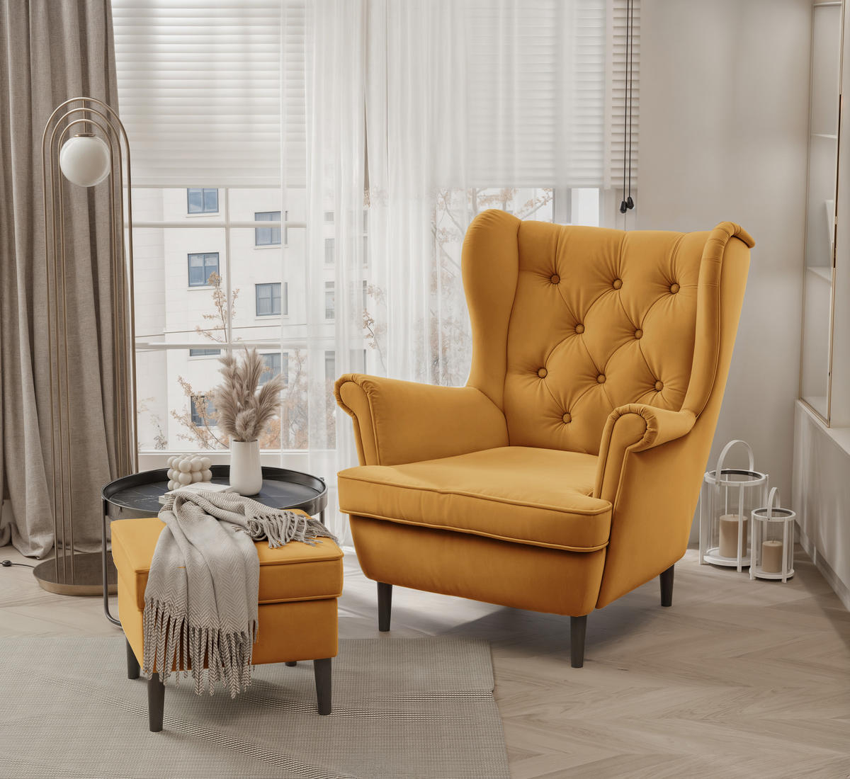 OHRENSESSEL SCANDI mit hocker, Samt Gelb - Gelb, Holz/Textil (75/97/57cm) - Idohome