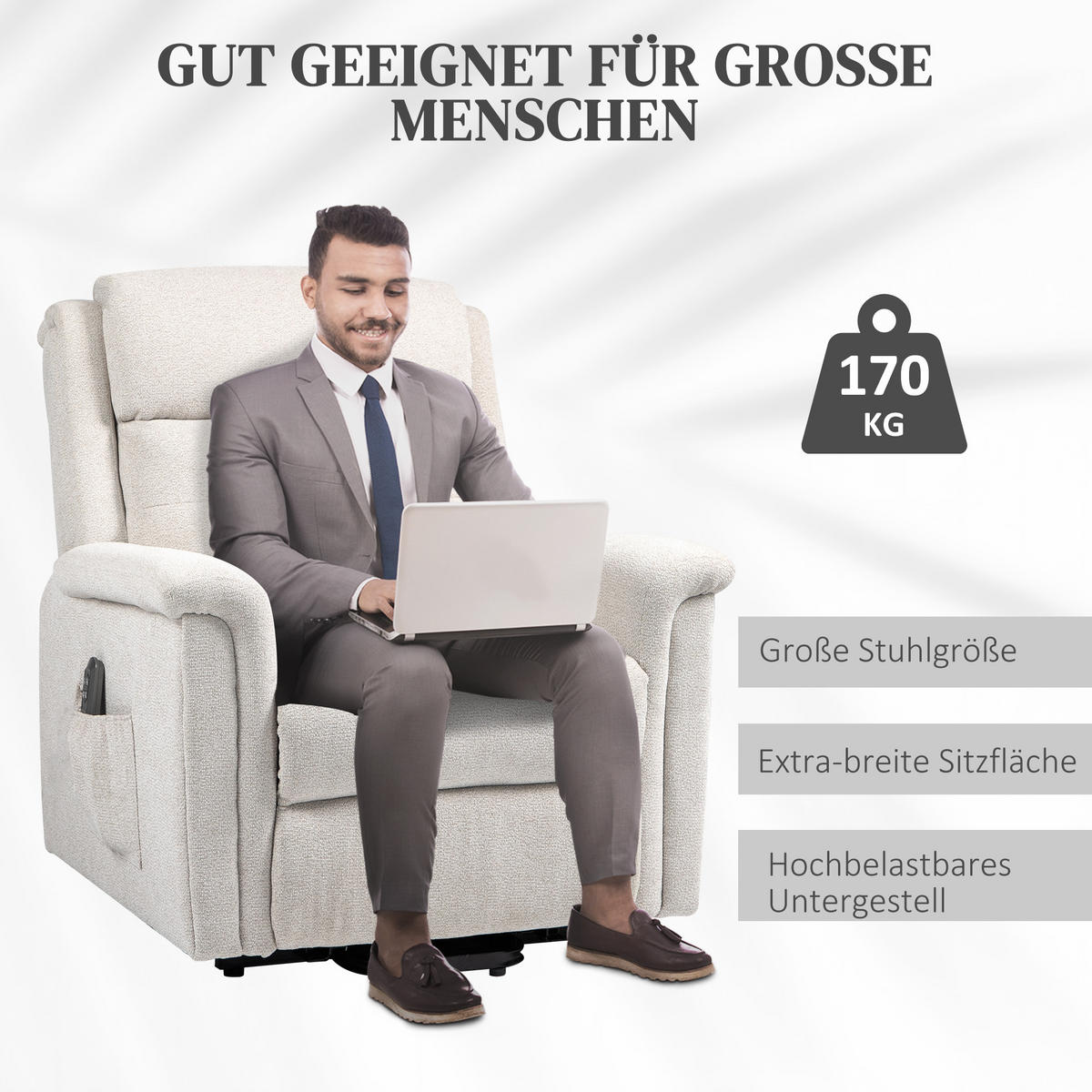 FERNSEHSESSEL mit Aufstehhilfe, Cremeweiß - Creme, Kunststoff (87/108/92cm) - HOMCOM