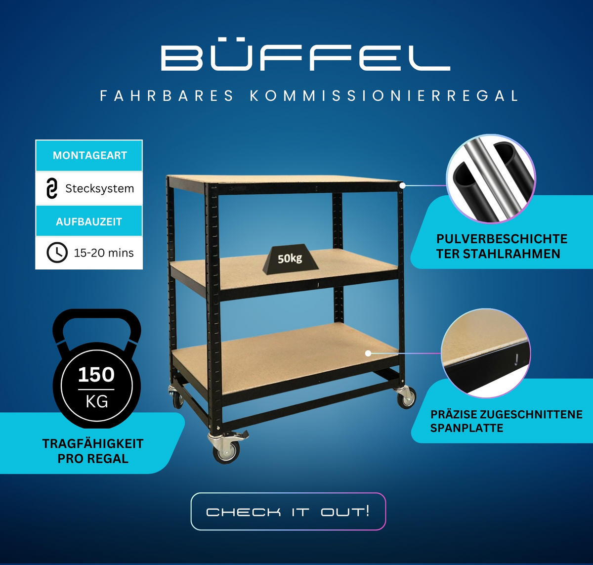 KOMMISSIONIERWAGEN 2er Set BÜFFEL 100x90x50cm 3 Ebenen Fachlast 50kg 2X Lenkrollen & 2X Lenkrollen mit Feststellbremse Schwarz - Schwarz, Metall (180/100/50cm) - PROREGAL