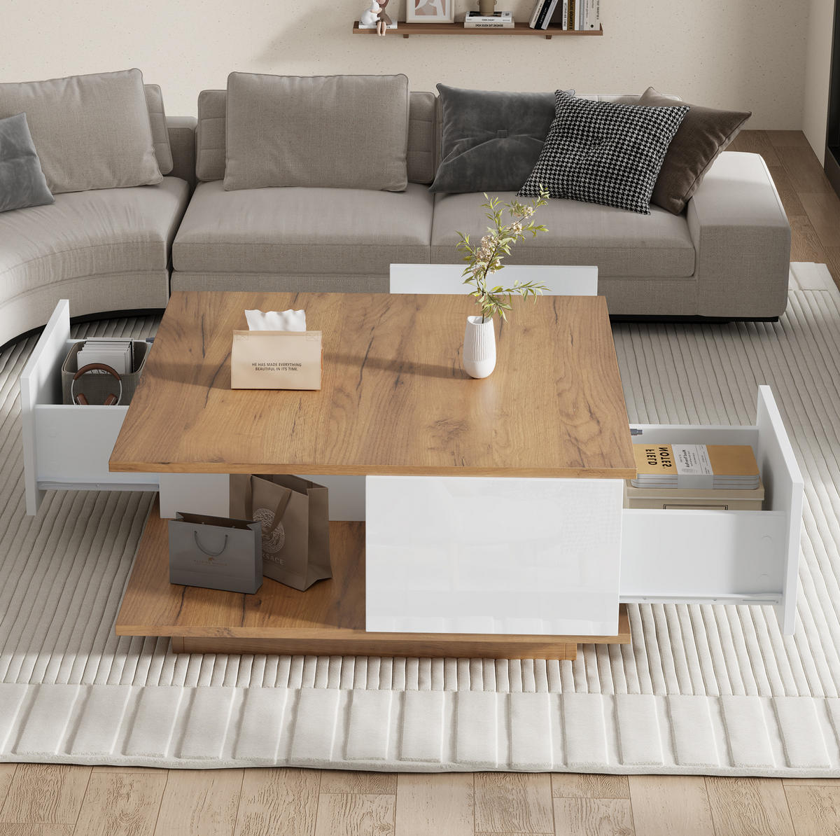 COUCHTISCH 70/70/31.5 cm Weiß/Walnuss aus Spanplatte mit 3 Schubladen - Weiß, Holzwerkstoff (70/70/31.5cm) - OKMYHOME