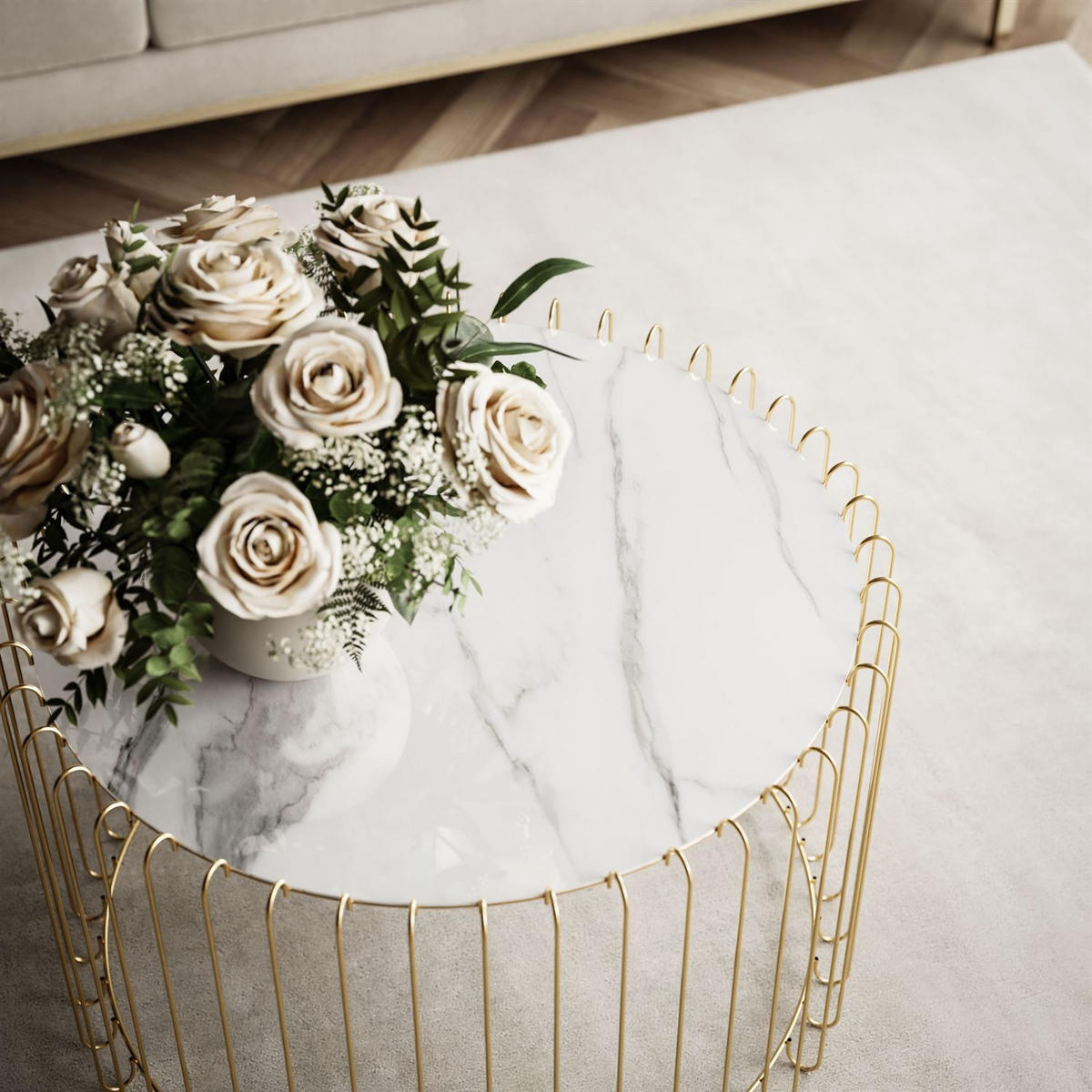 COUCHTISCH MARBELLE mit Marmorplatte, weißer Marmor/Gold - Weiß, Metall (60/60/39cm) - Lookway