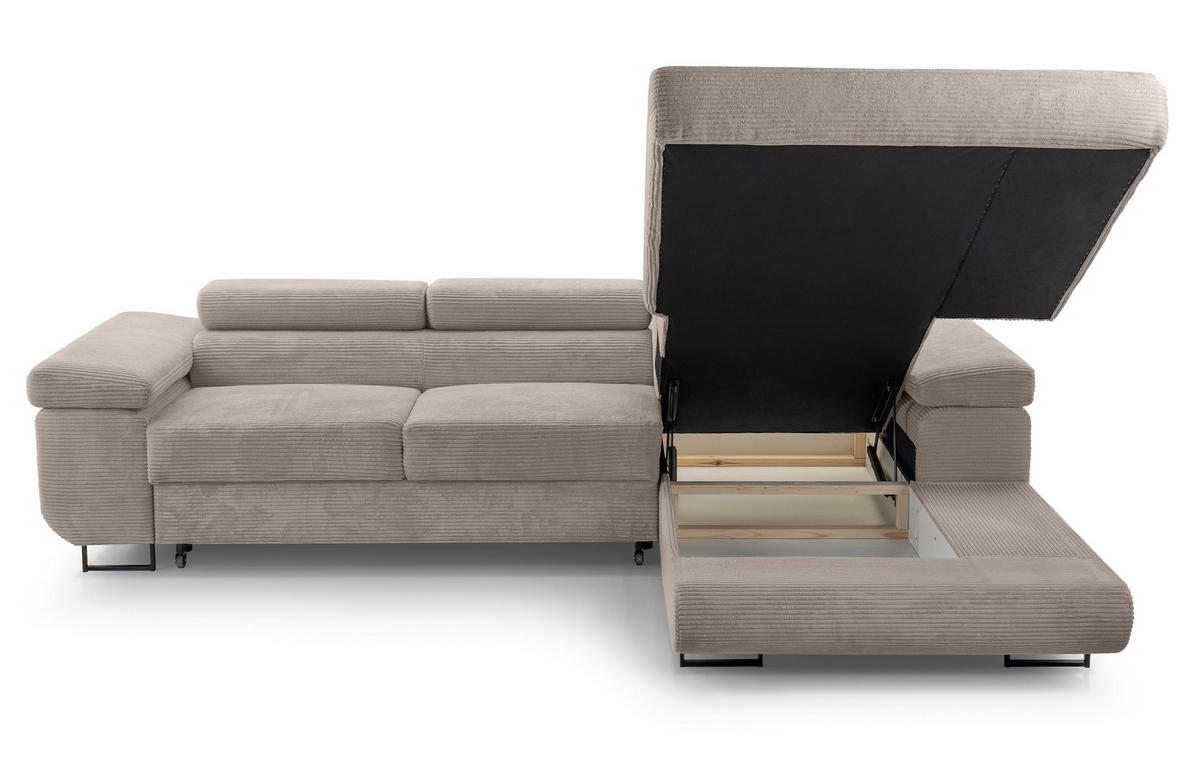 ECKSOFA L Form Arborio Beige 280/203/90 cm Rechts mit Schlaffunktion - Beige/Schwarz, Textil/Metall (280/203cm) - AX Living