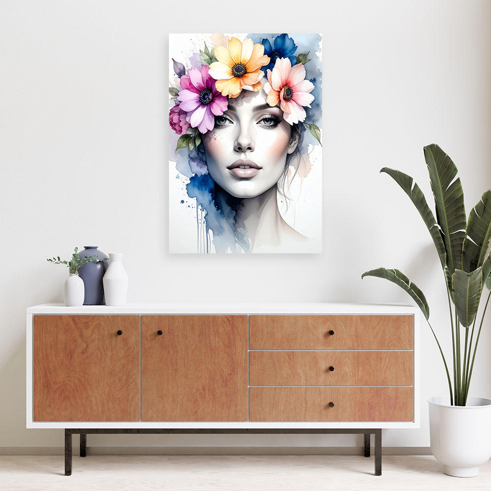LEINWANDBILD Frau mit Blumen auf dem Kopf 80x120cm - Multicolor, Textil (80/120cm) - Feeby