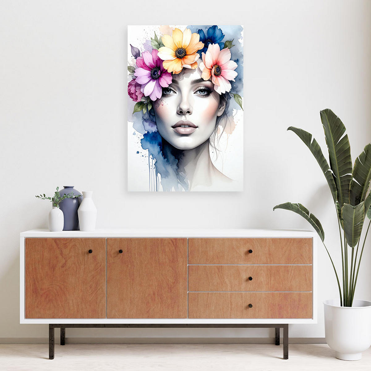 LEINWANDBILD Frau mit Blumen auf dem Kopf 80x120cm - Multicolor, Textil (80/120cm) - Feeby