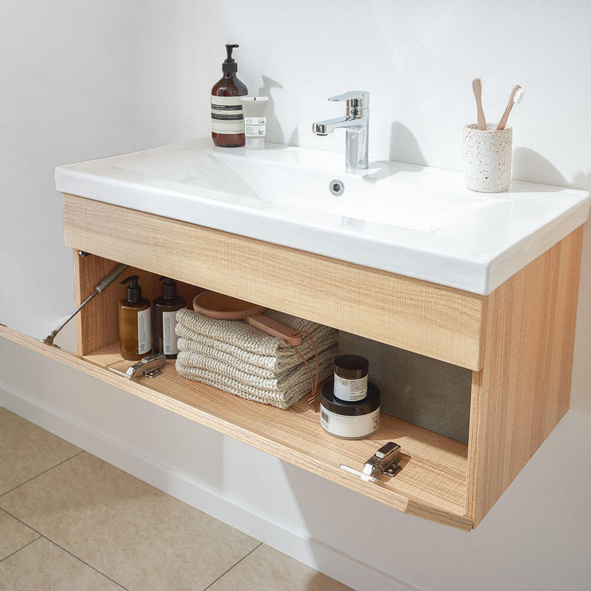 BADMÖBEL Komplettset WANGEROOGE BIG S - Holz - Nussbaumfarben, Holz/Keramik (33/41/80cm) - Home Deluxe