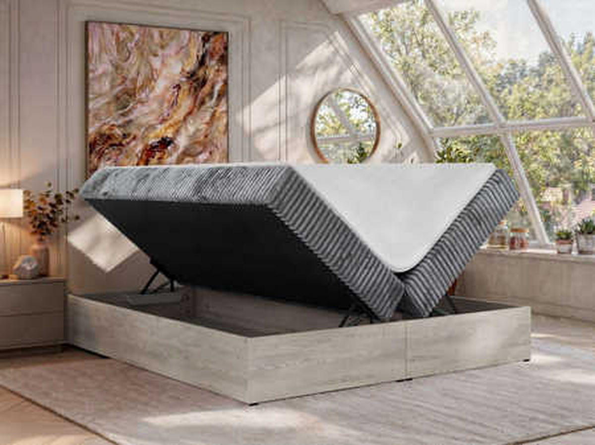 BOXSPRINGBETT NORDIC ZERO 140/200 - Grau Cord - Topper Visco - H4 - Schwarz/Grau, Kunststoff/Textil (140/200cm) - MKS