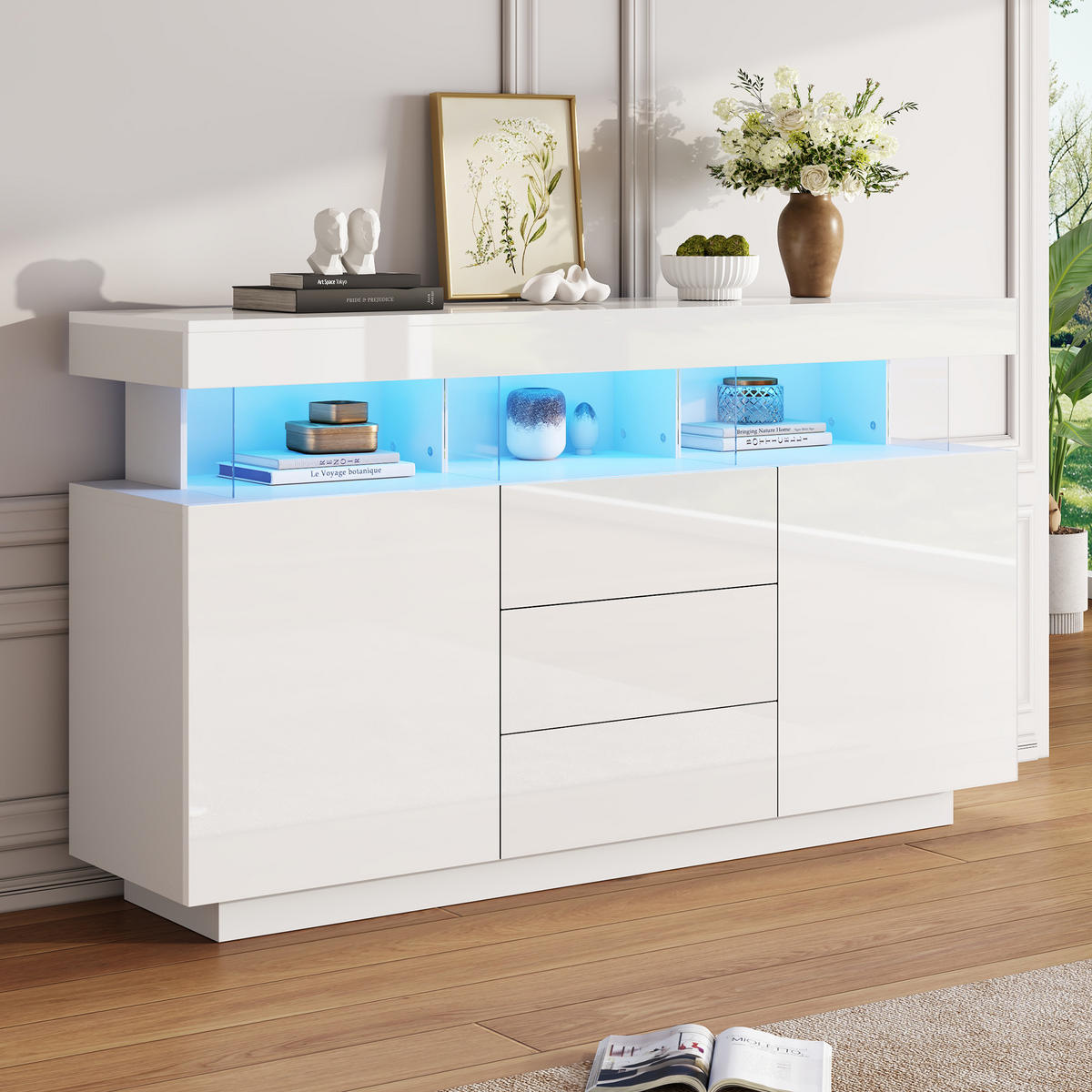 SIDEBOARD LED Weiß 16 Farben Hochglanz Acryl 140x35x80cm - Weiß, Holzwerkstoff (35/80/140cm) - FLIEKS