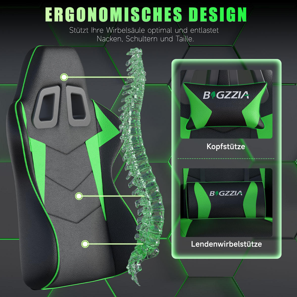 GAMINGSTUHL Schwarz-Grün ergonomisch - Grün, Leder (29/59/79cm) - Rattrix