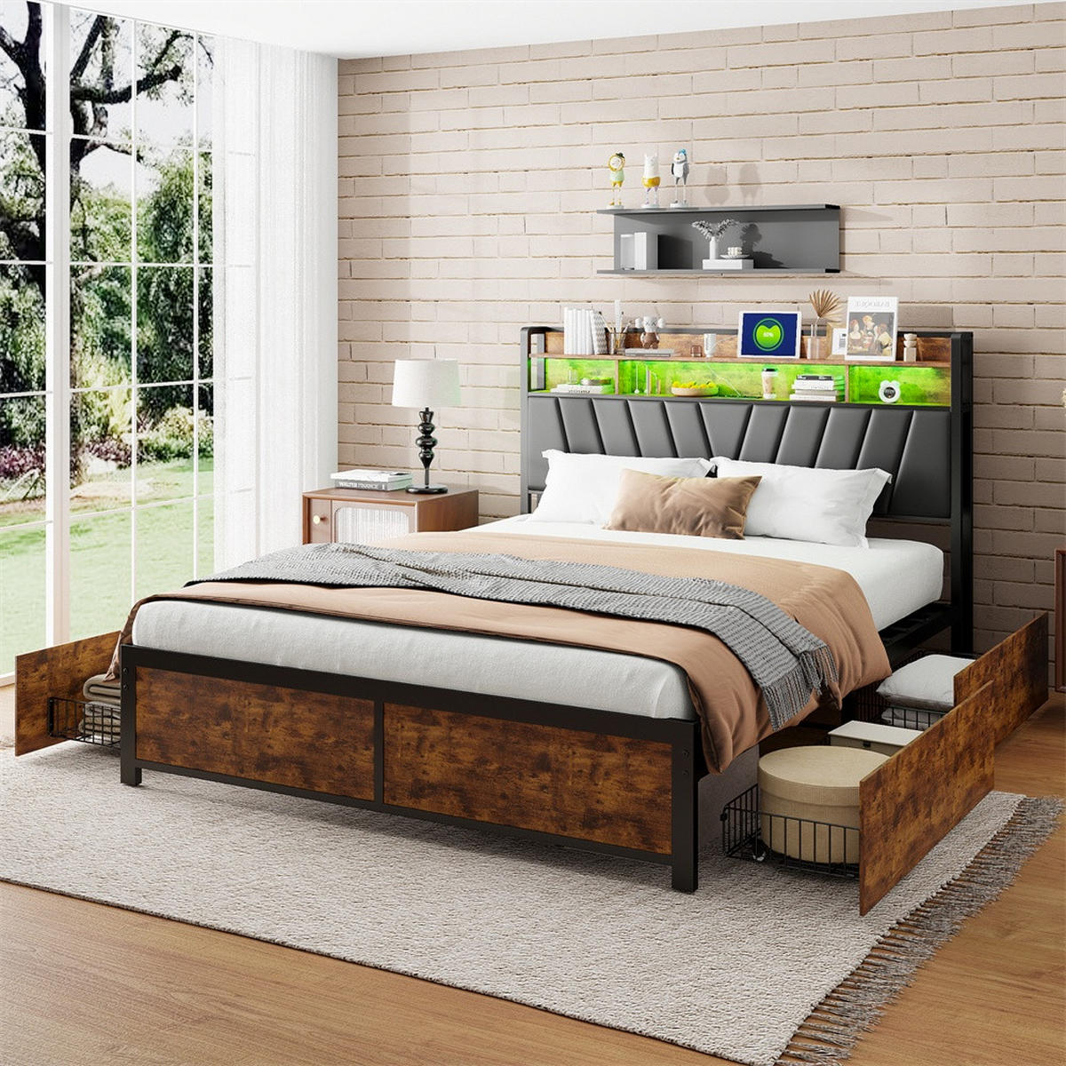 DOPPELBETT 160x200 cm - Metallbett mit 2-stufigem Regalkopfteil - 4 Schubladen und LED-Beleuchtung - ohne Matratze - Schwarz - Schwarz, Metall (160/200cm) - DELFA