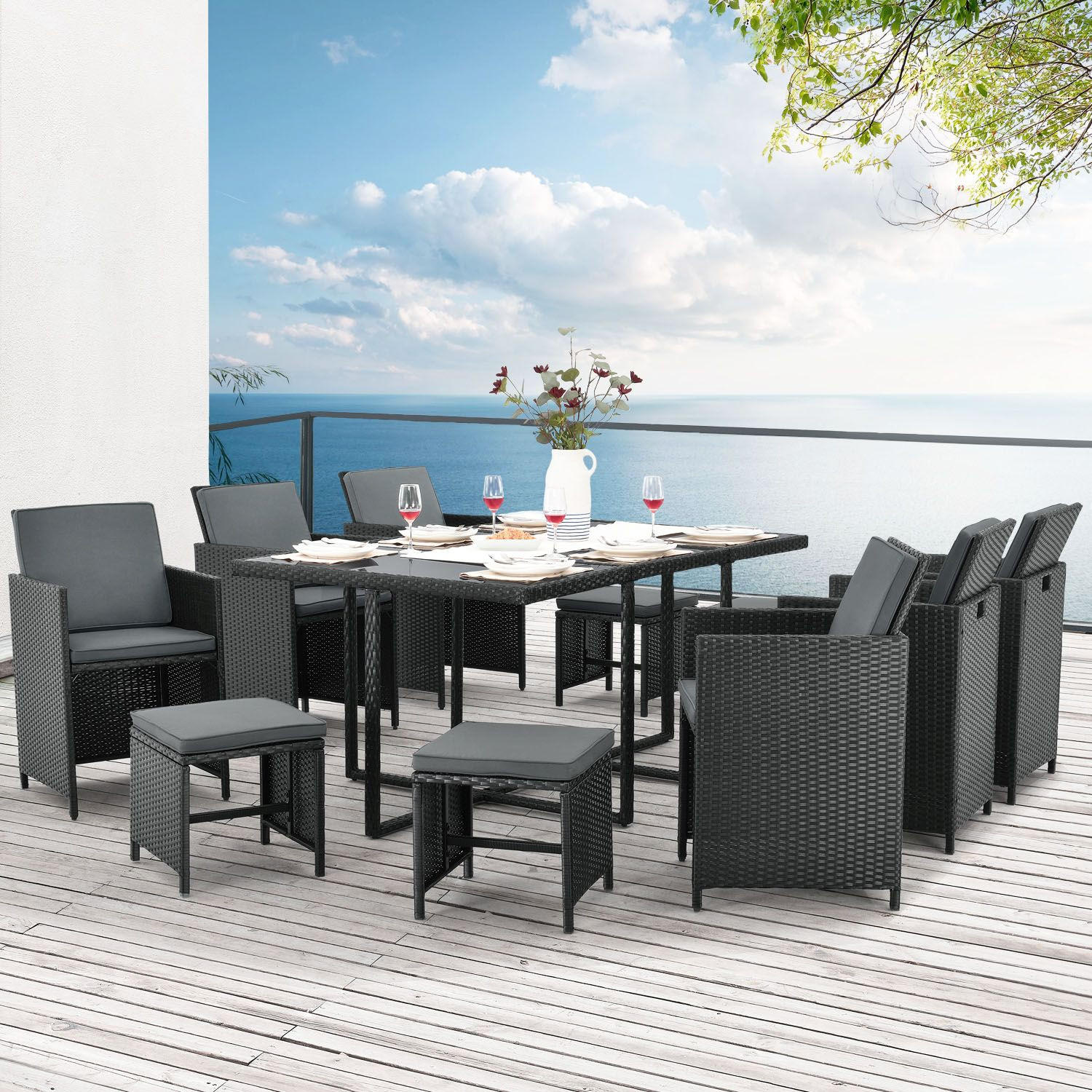 GARTENMÖBELSET Baracoa schwarz 11-tlg. - Schwarz, Kunststoff/Metall - Juskys