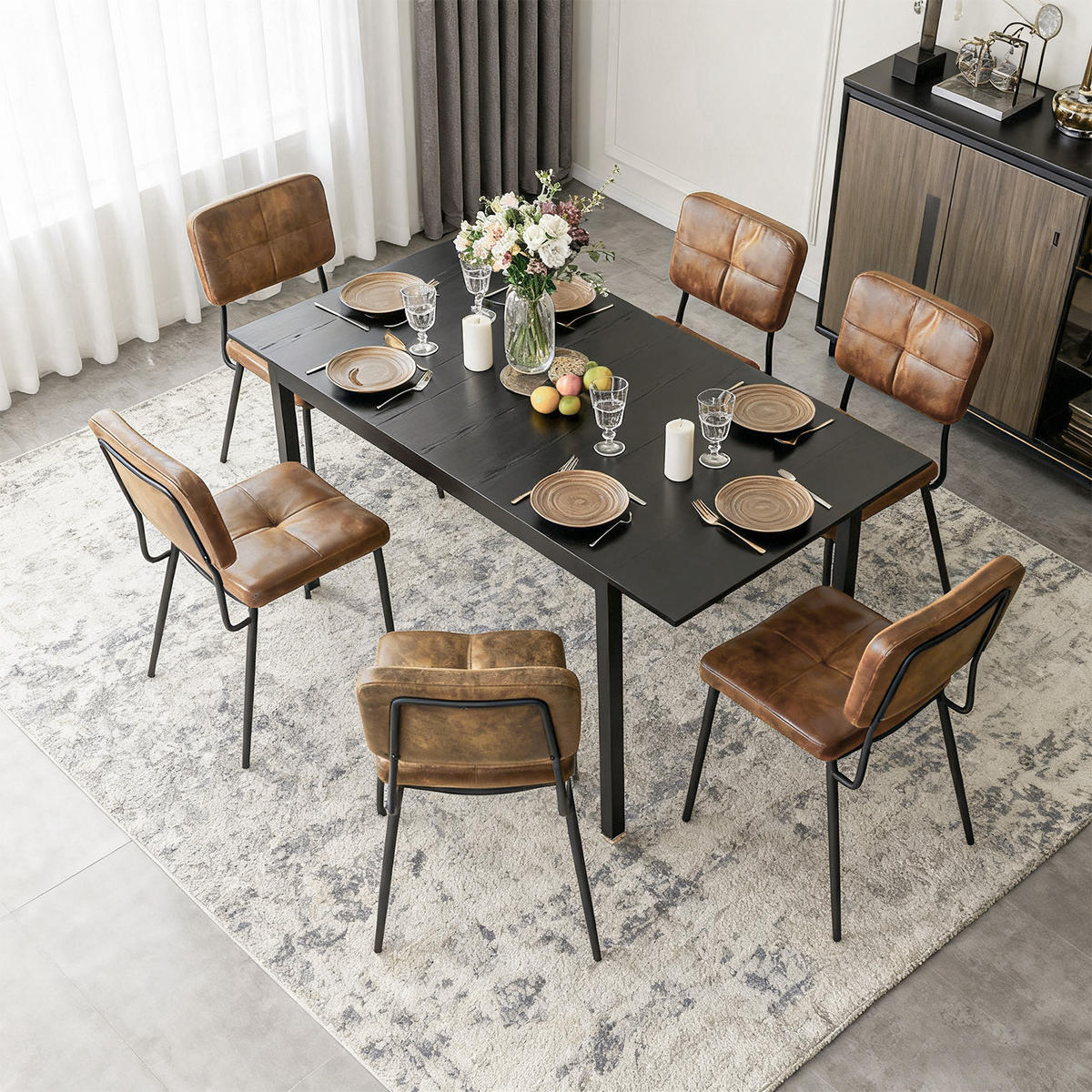 ESSGRUPPE mit ausziehbarem Esstisch und 6 Stühlen in Wildlederoptik, Schwarz - Multicolor, Textil (45/82/43cm) - Meubles Cosy