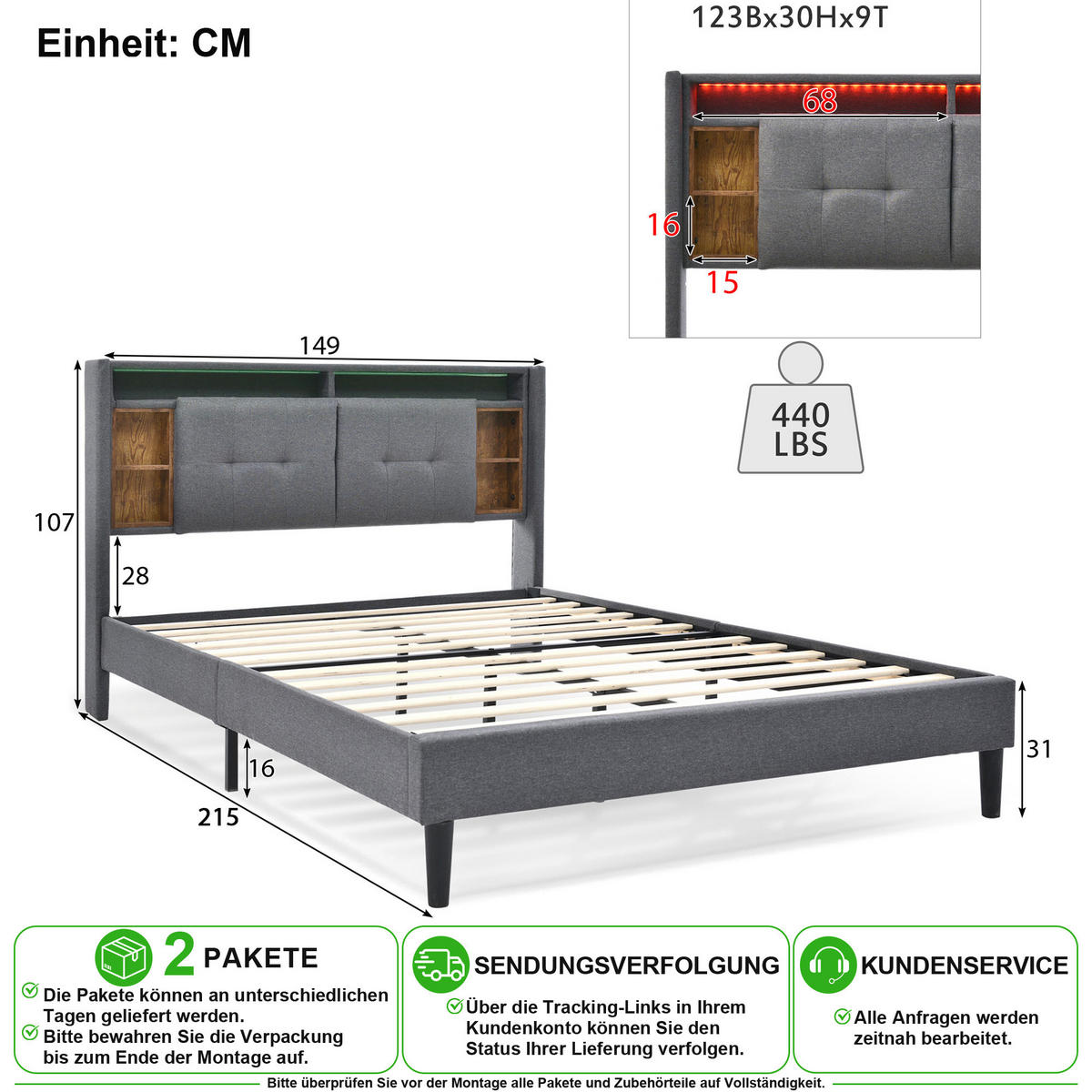 ČALOUNĚNÁ POSTEL 140/200 cm v šedé barvě s úložným čelem, LED a USB - šedá, kov/kompozitní dřevo (140/200cm) - CHICFURN