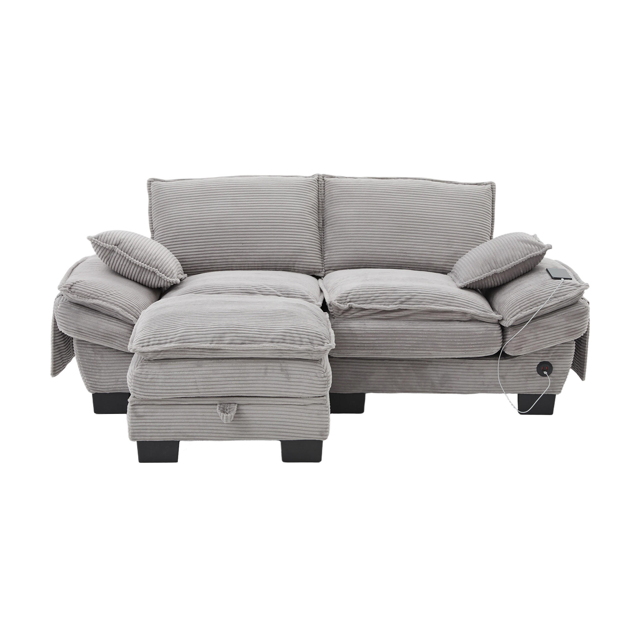 2-SITZER SOFA Cord Hellgrau mit Hocker, USB-C und Seitentaschen - Hellgrau, Holzwerkstoff/Kunststoff (190/132cm) - WISHDOR