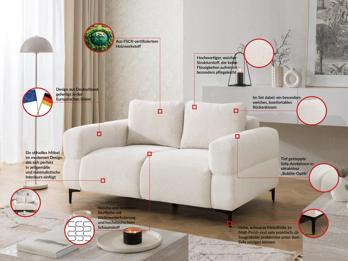 SITZGARNITUR 2+1 Cardea in Bubble-Optik aus weichem Creme Strukturstoff mit hohem Sitzkomfort - Creme/Schwarz, Holz/Textil (154/80/97cm) - S-Style Möbel