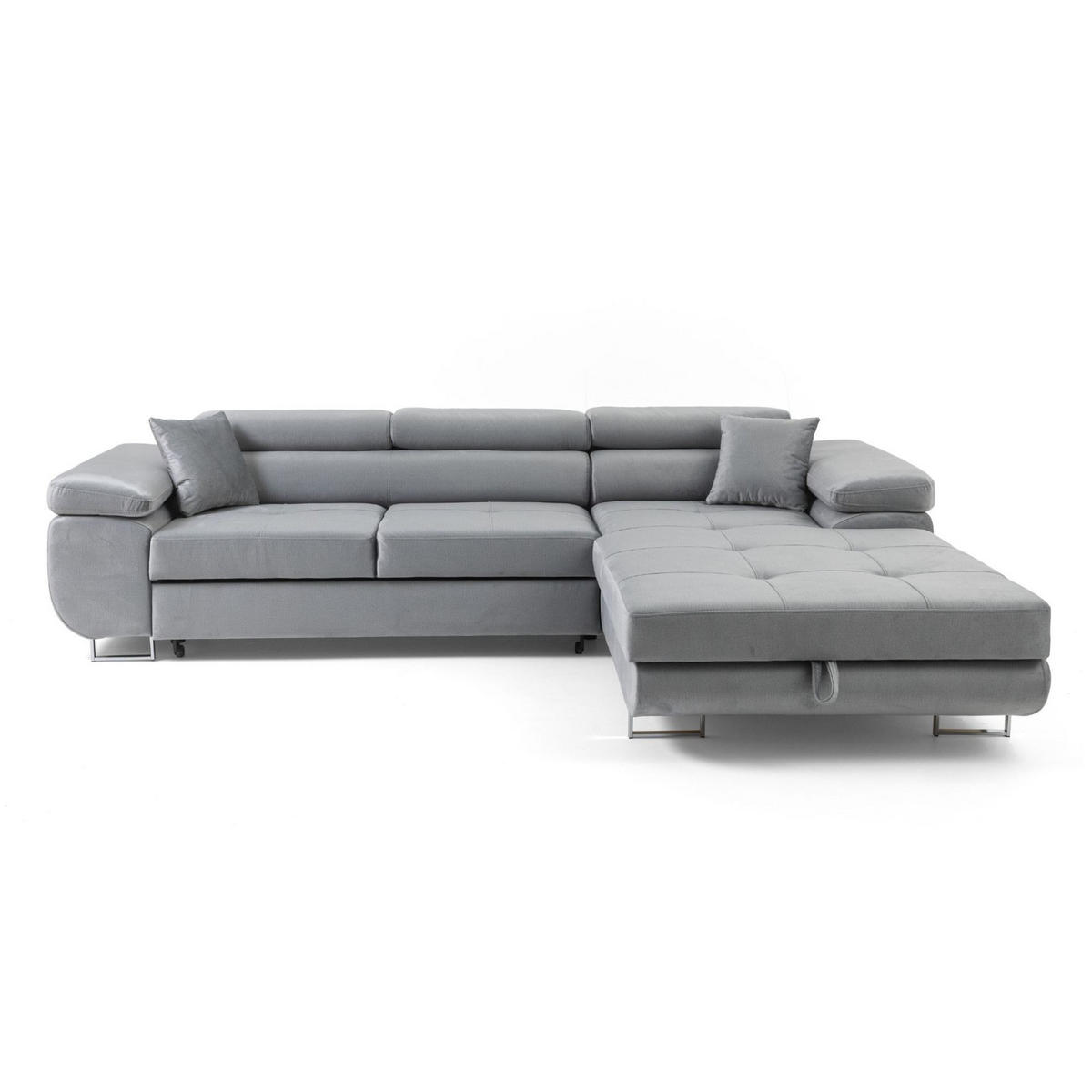 ECKSOFA ALONZO L Rechts mit Schlaffunktion 125x195 Velours Hellgrau - Silberfarben/Hellgrau, Holz/Textil (203/275cm) - Muffo