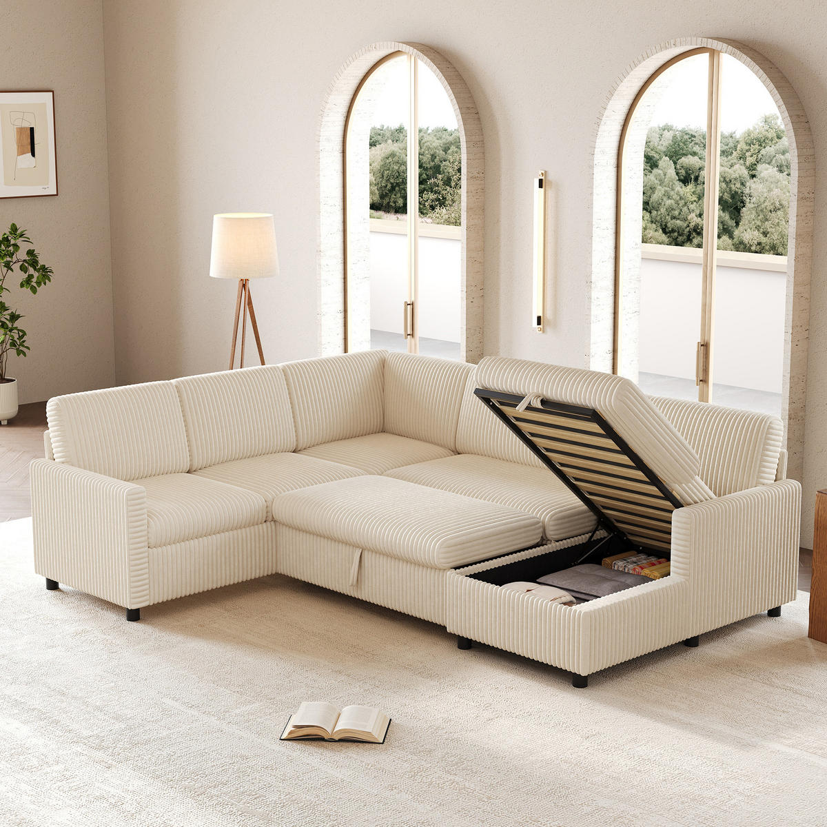 SOFA U Oblik na Razvlačenje Cord 220x274x85 cm Bež - bež, tekstil (274/85/220cm) - FLIEKS