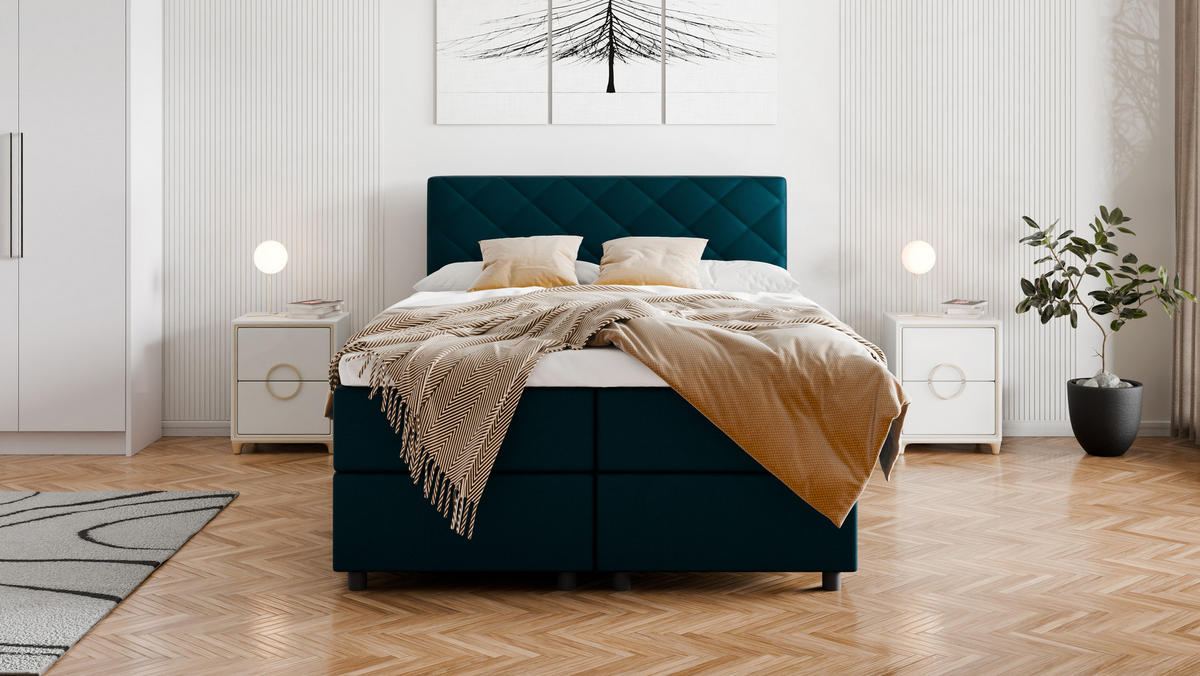 BOXBETT Diamaro 140x200 cm mit Bettkasten und Topper - Dunkeltürkis - Türkis, Holz (140/200cm) - Panda Möbel