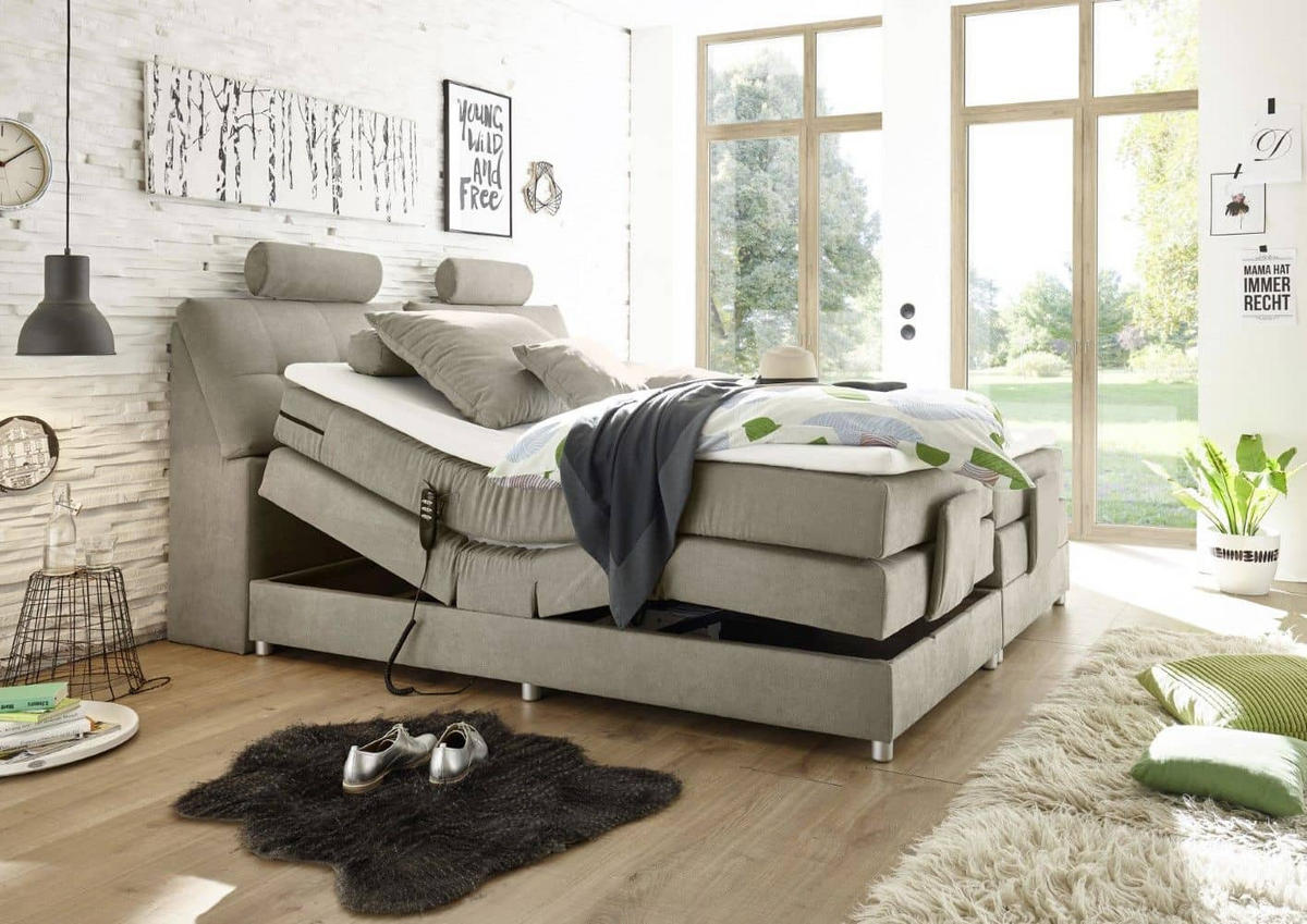 BOXSPRINGBETT inkl. Elektrofunktion, 7-Zonen-Tonnentaschen-Federkernmatratze und Komfort T25 Schaumtopper - Taupe/Beige, Holz/Holzwerkstoff (180/200cm) - ed exciting design