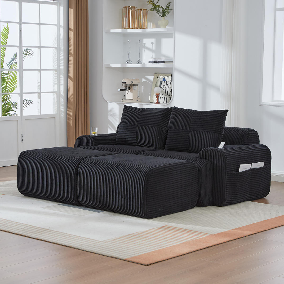 MODULARES 2-Sitzer Sofa Cordstoff mit Getränkehalter und Seitentasche 200/174/80 cm Schwarz - Schwarz, Textil (174/80/200cm) - Redom