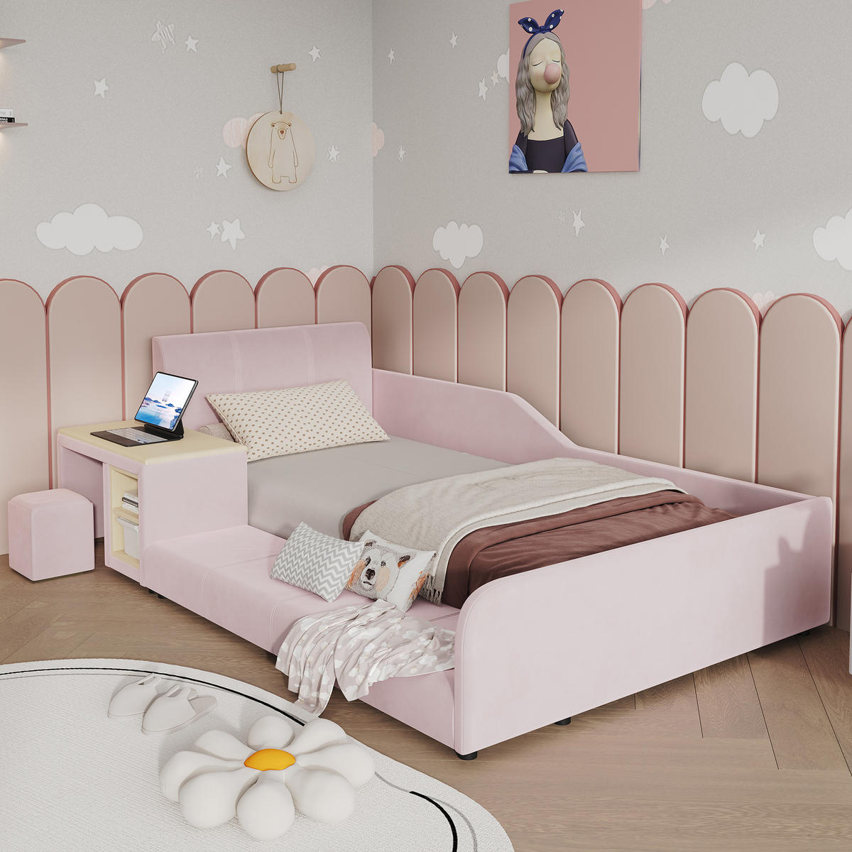 POLSTERBETT 90/200 cm in Pink mit Schreibtisch, Hocker und Ablageboden aus Samt - Rosa, Holzwerkstoff/Textil (90/200cm) - STILVORA