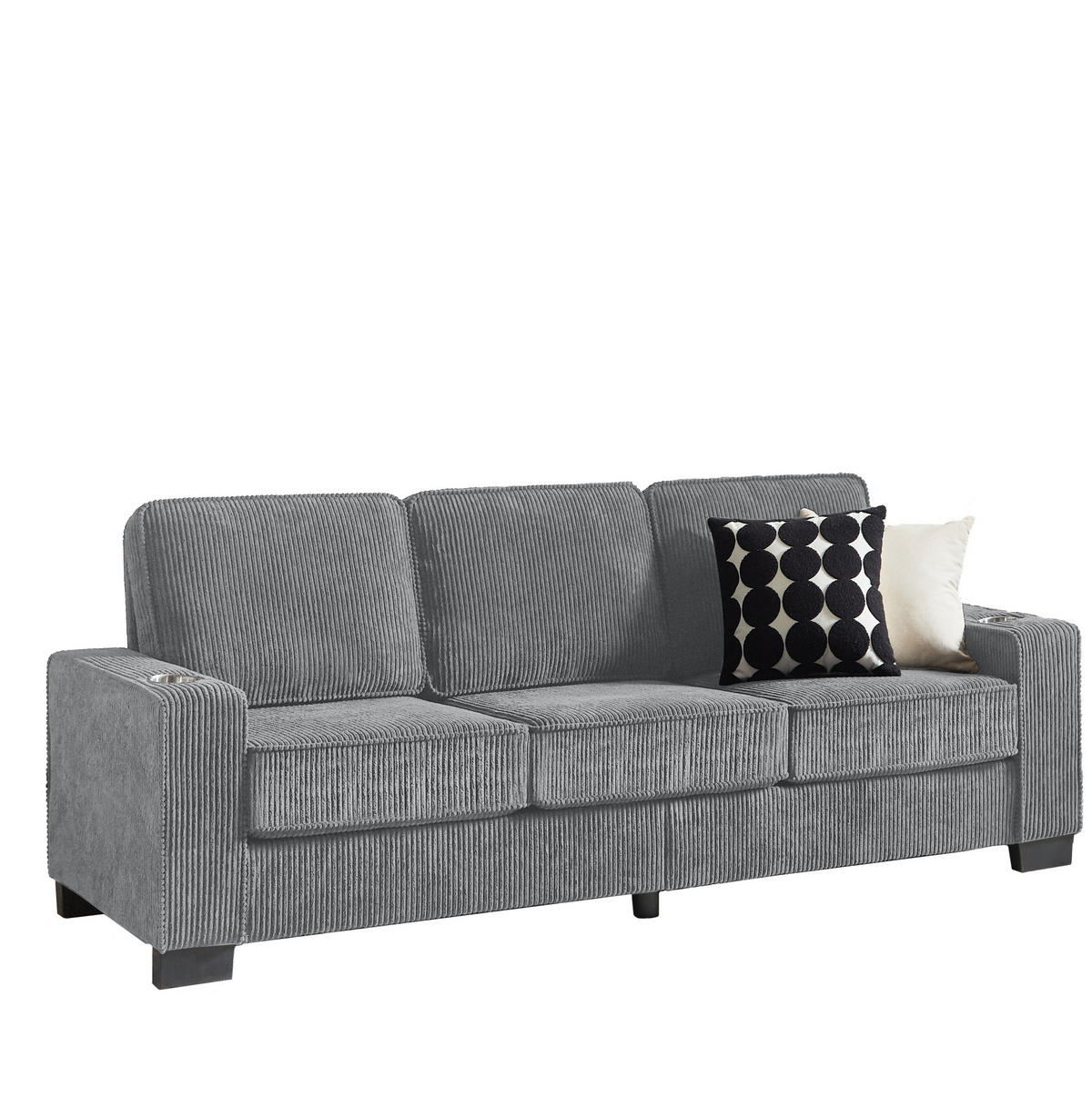 SOFA mit Getränkehaltern 206 cm Cord Grau - Grau, Holzwerkstoff (206/86/72cm) - Meubliv