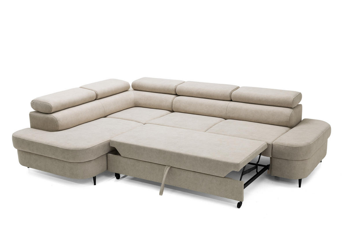 ECKSOFA PRIAM L Links mit Schlaffunktion 125x195 Velours Beige - Beige/Schwarz, Holz/Textil (203/275cm) - Muffo