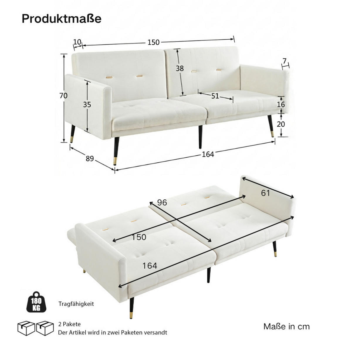 2-SITZER Schlafsofa aus Samt in Beige mit verstellbaren Rückenlehnen - Beige, Textil (164/70/89cm) - Modfu