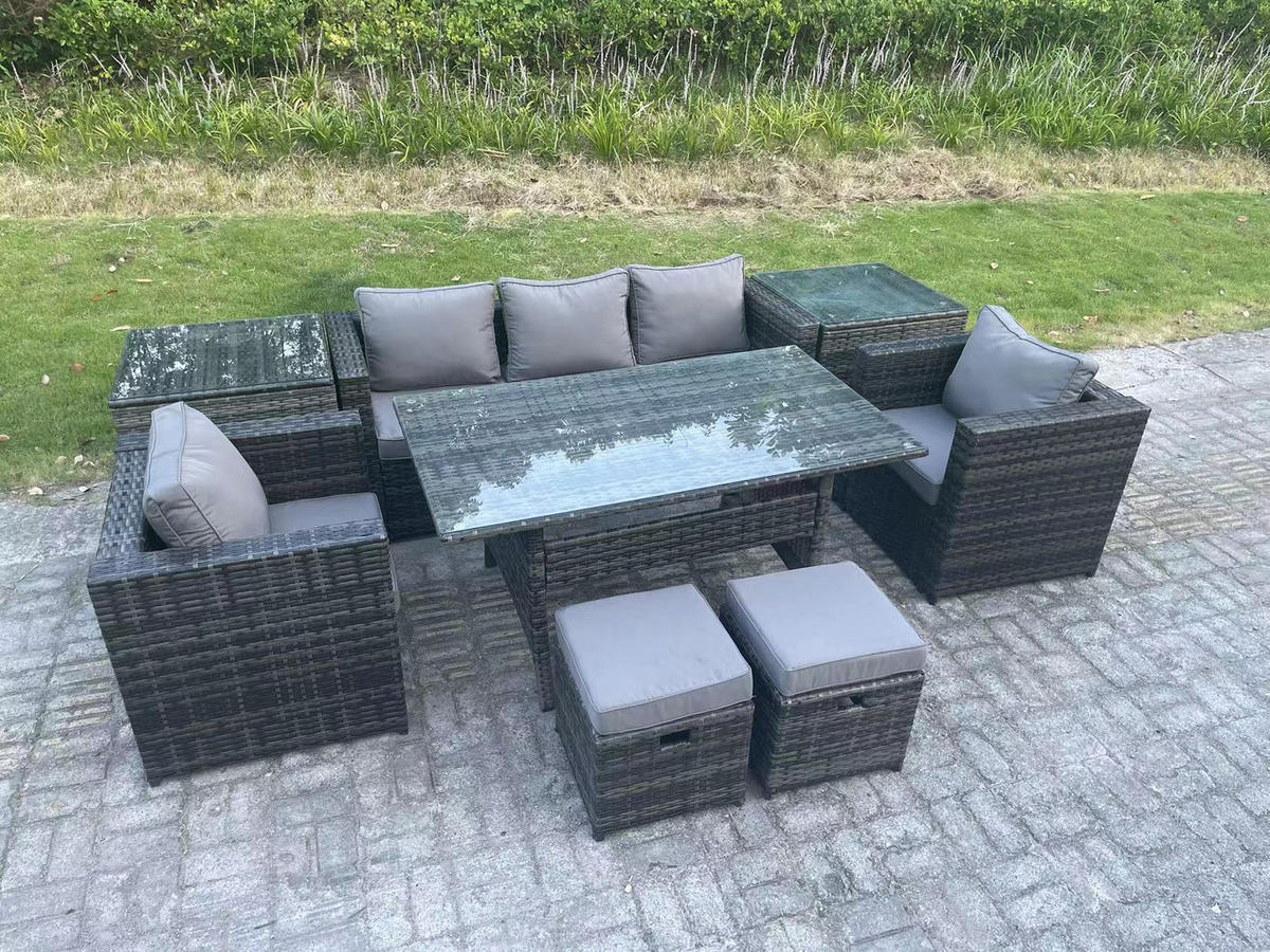 LOUNGEGARNITUR mit Stuhl Polyrattan Dunkelgrau 7-Sitzer - Dunkelgrau/Grau, Glas/Kunststoff - Fimous