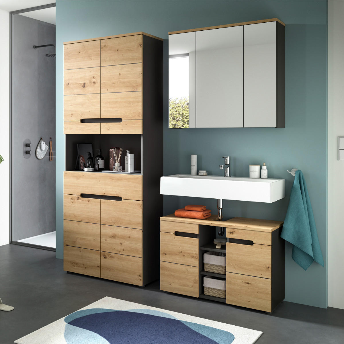 DOPPELSCHRANK für das Badezimmer, 4 Türen, 1 Schublade 34/193/76 cm - Eschefarben, Holzwerkstoff (34/193/43.5cm) - Calicosy