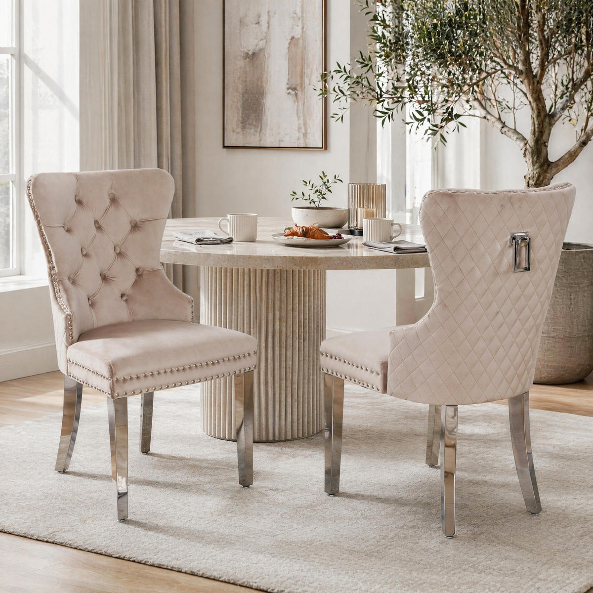 WOHNZIMMER STÜHLE mit Nagelkopfbesatz, Samtbezug und Metallgestell in Beige - Beige, Textil (53/94.5/62.5cm) - EVRYAE
