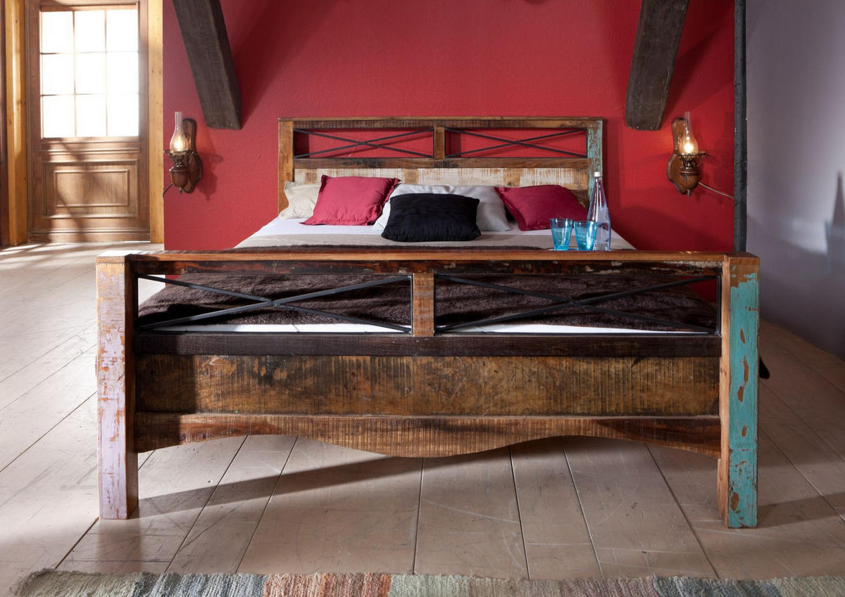 HOLZBETT Altholz 160x200x100 mehrfarbig lackiert NATURE OF SPIRIT #46 - Multicolor, Holz (160/200cm) - Massivmoebel24