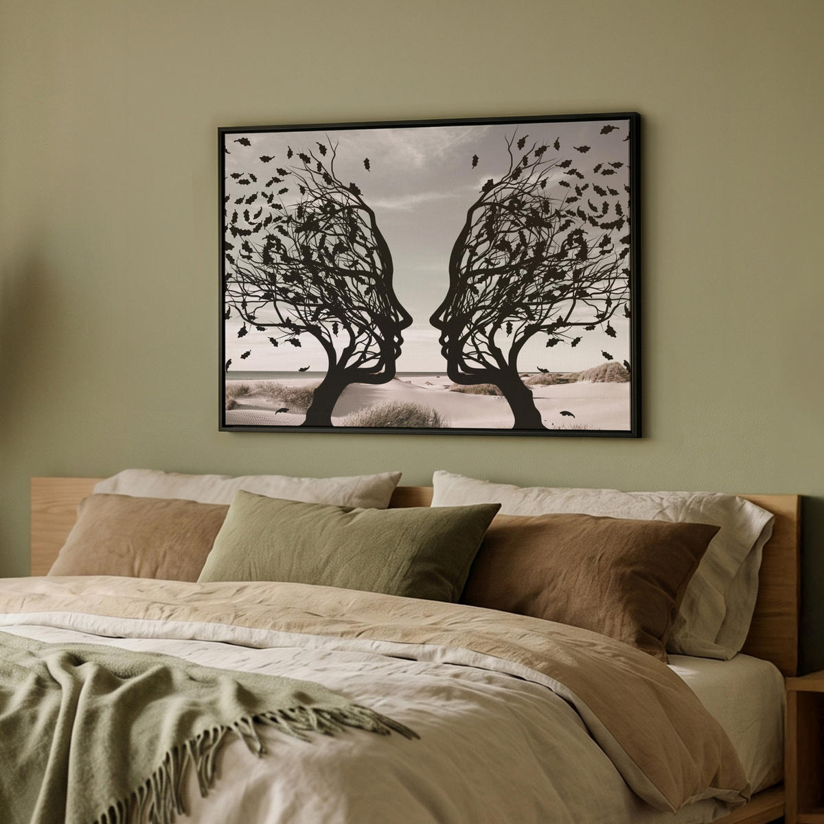 LEINWAND Bilder mit Rahmen - Strand - Meer - Menschen - Baum - Moderne Kunst - 80x60 - Hellgrau, Textil (80/60cm) - MuchoWow