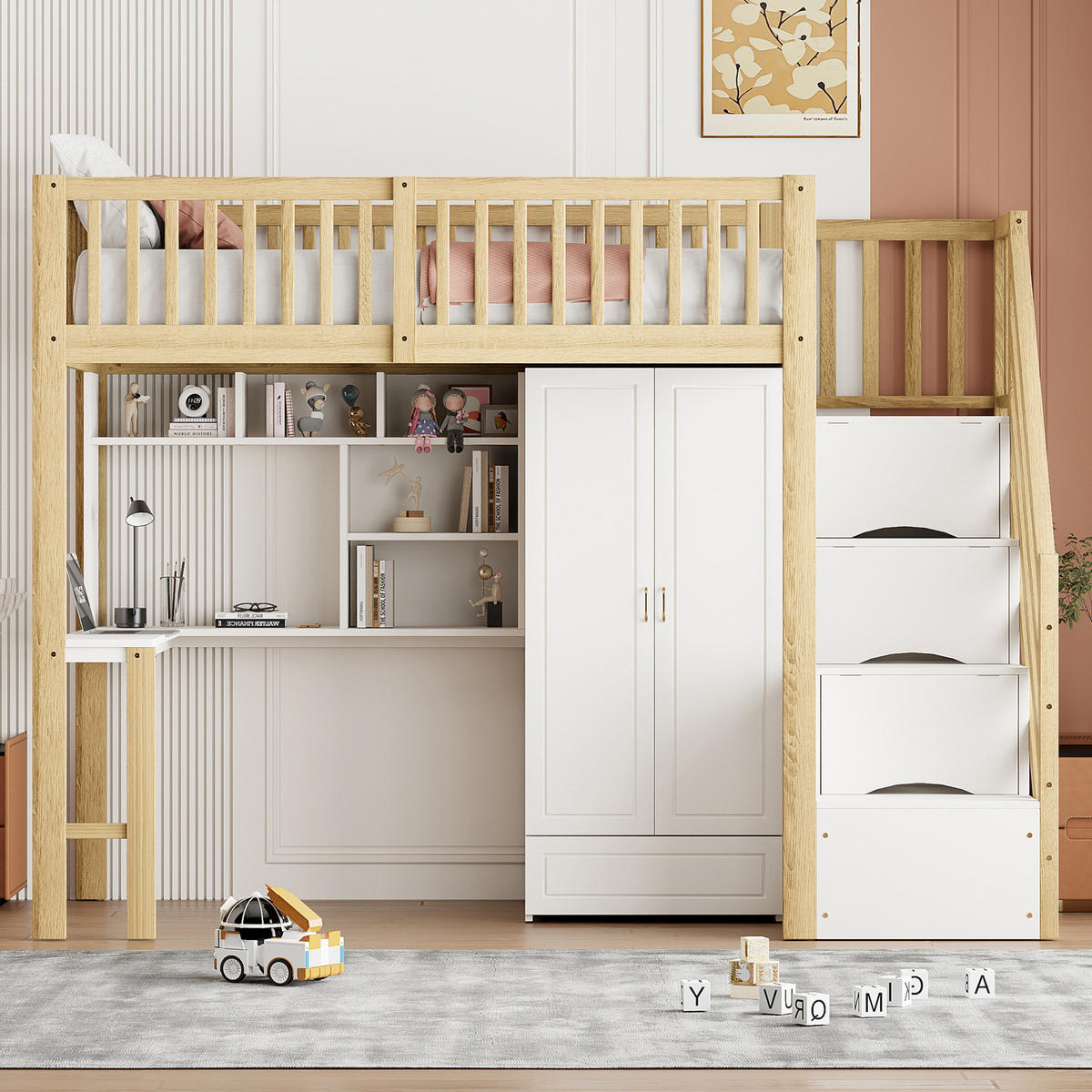 HOCHBETT 90/200 cm Naturholz mit Kleiderschrank und Tisch - Naturfarben, Holz (90/200cm) - OKWISH