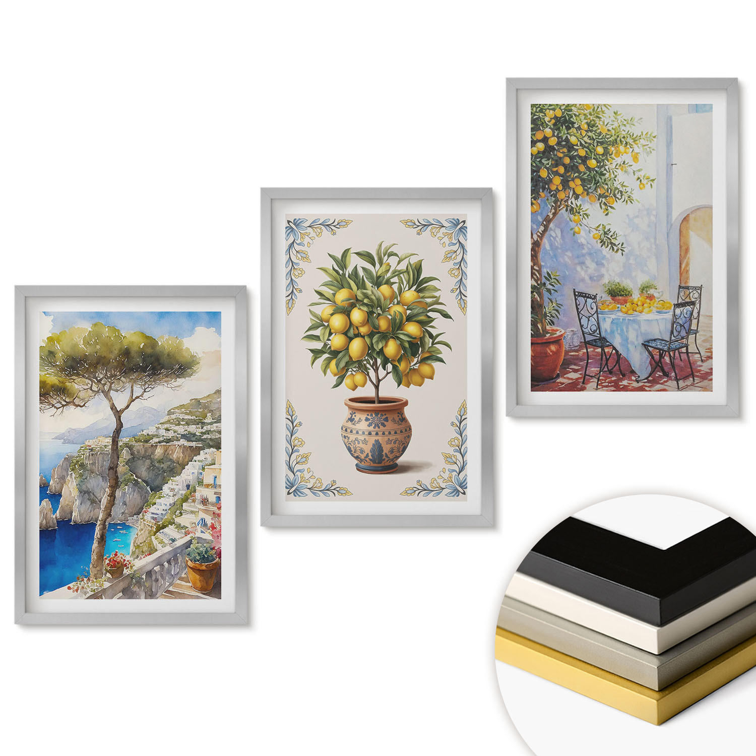 WANDBILDER 3er Set - 40x60 cm Silberner Rahmen - Tisch aus Zitronenbaum - Silberfarben, Kunststoff (40/60cm) - ArtPrintCave